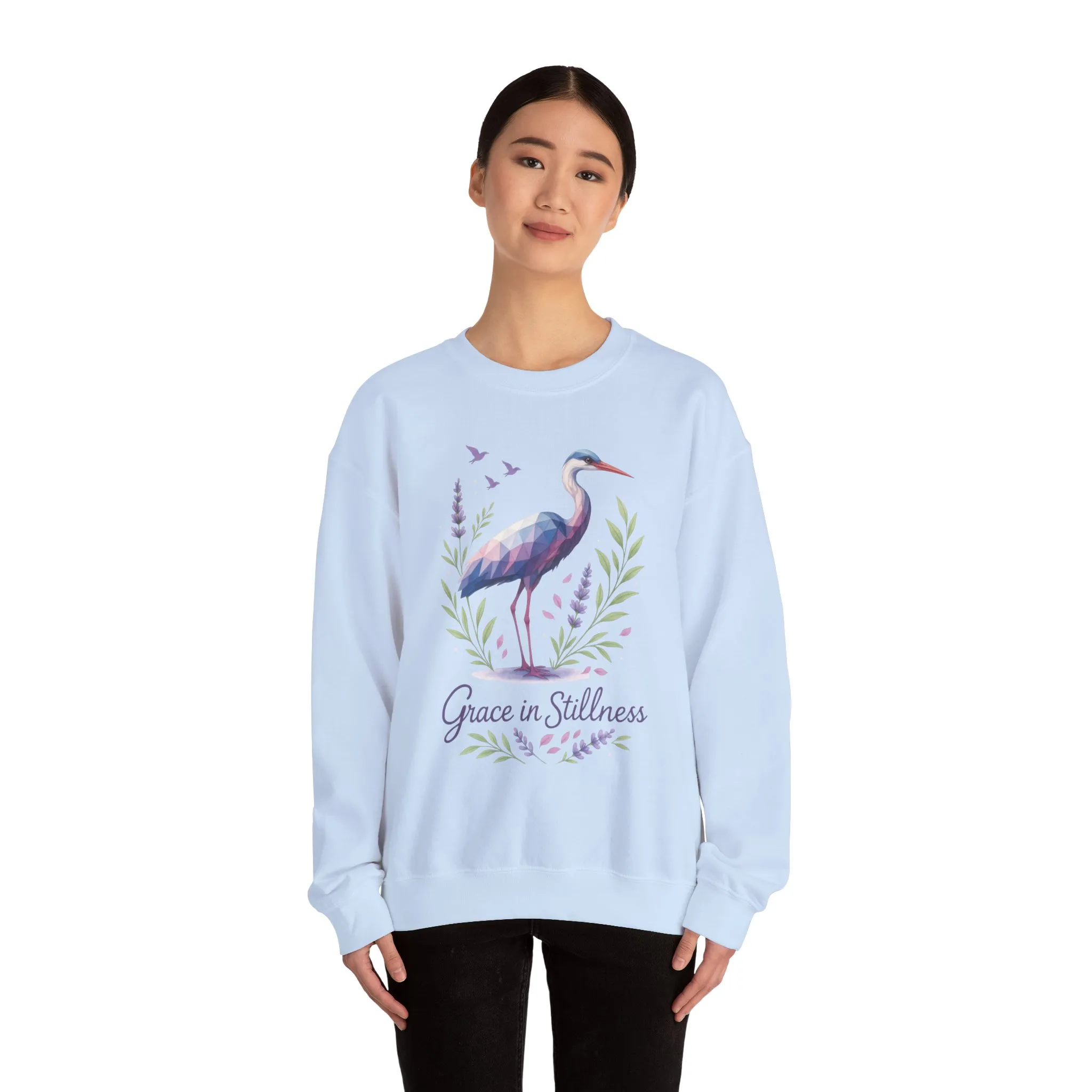 Polygonal Heron Graphic Sweatshirt, Women's Artistic Bird Crewneck, Nature-Inspired Minimalist Design, Geometric Crane, Bird Lovers Gift - Image 11