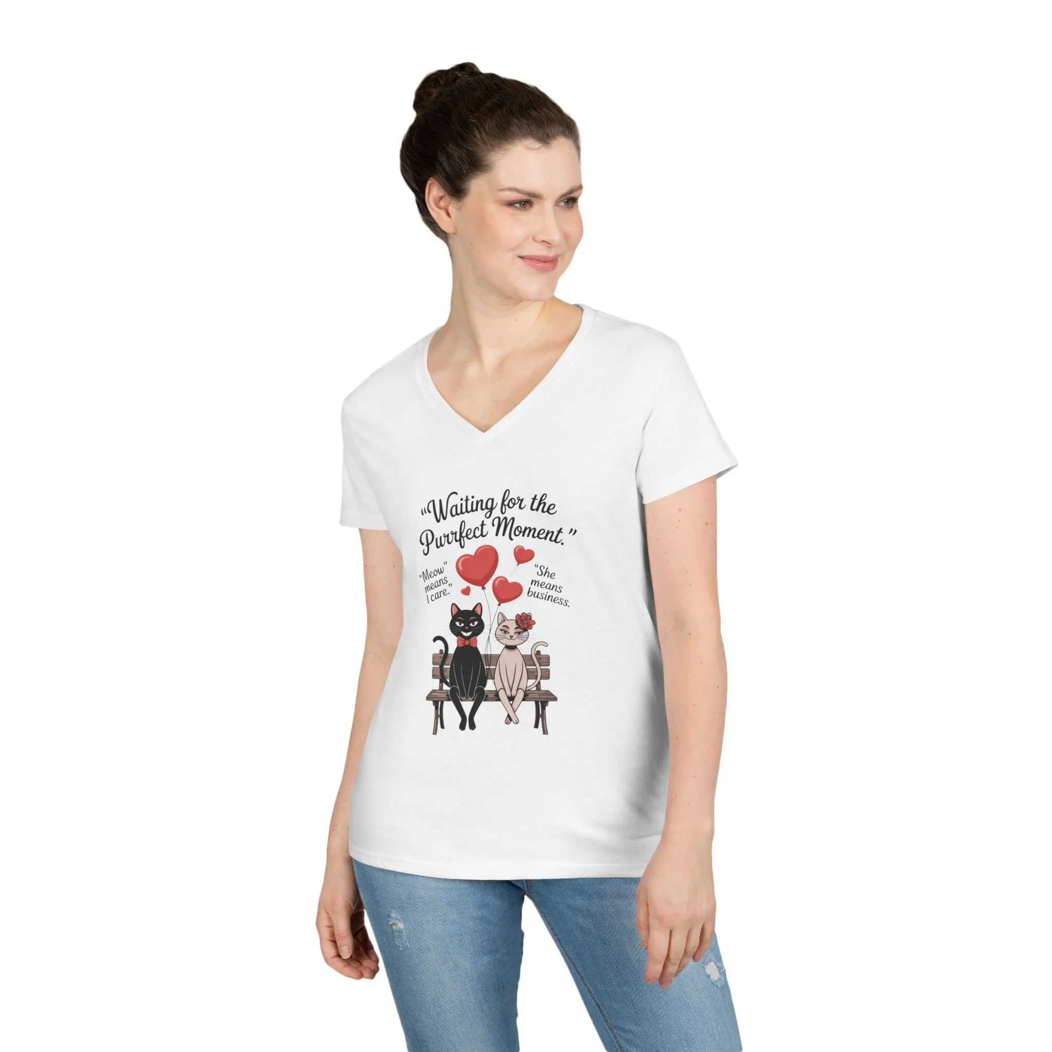 Cute Cat Lovers V-Neck T-Shirt, Casual Wear, Gift for Her, Pet Lovers, Best Friend Gift, Cute Cat Design, Valentine's Day, Cat Love - Image 6