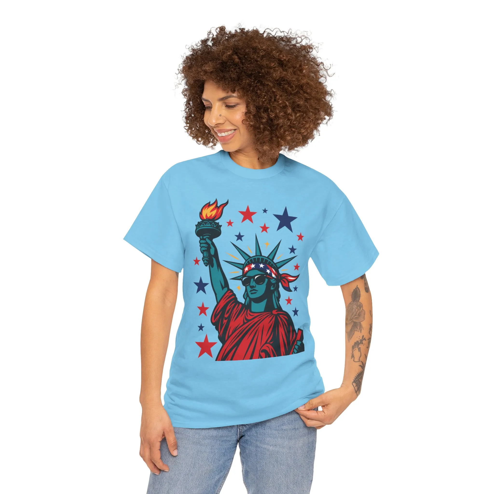 Lady Liberty Pop Art T-Shirt, Patriotic 4th of July Womens Tee, Retro USA Bandana Statue Shirt - Image 11