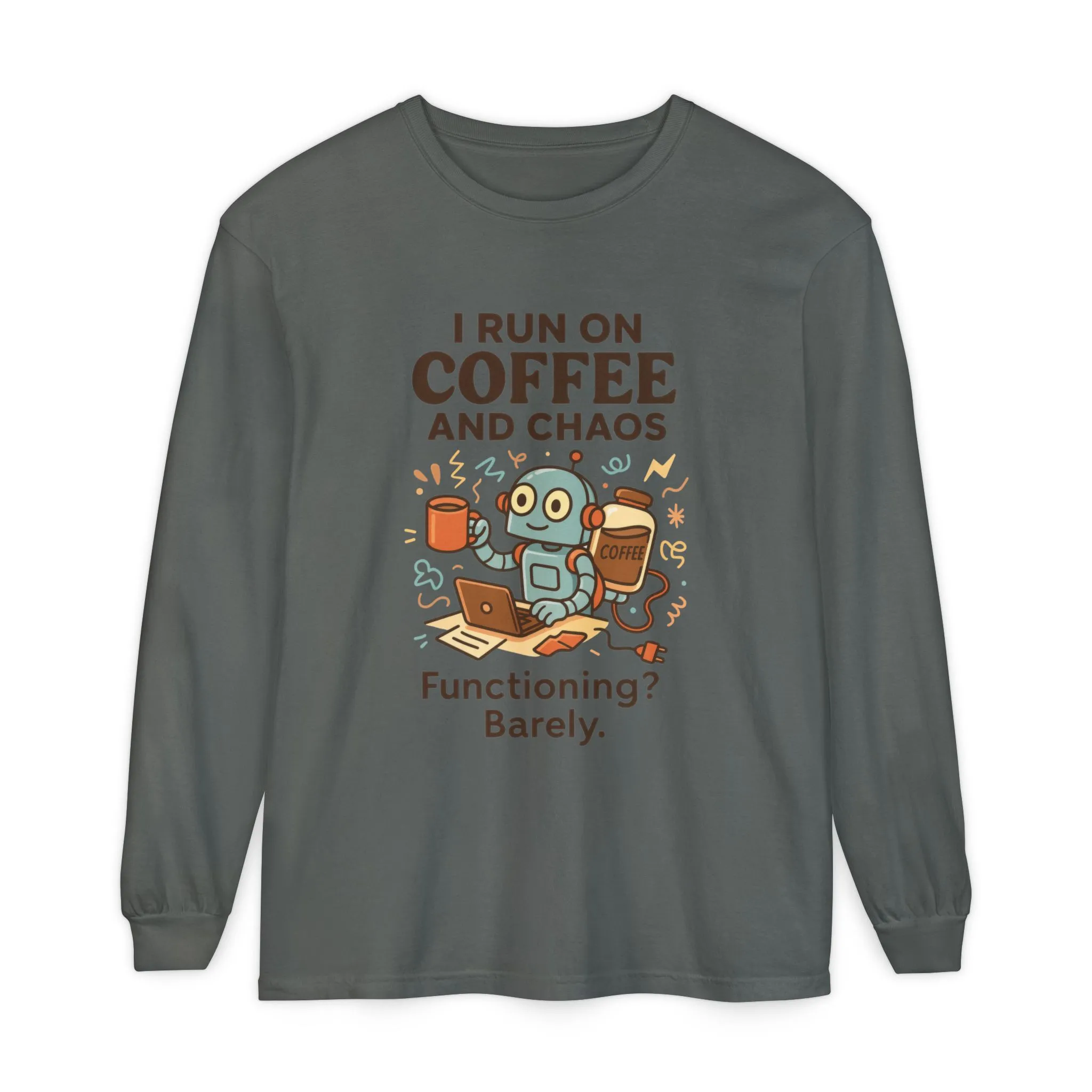 Coffee Chaos Long Sleeve Tee, Funny T-Shirt, Quirky Gift for Coffee Lovers, Unisex Top for Busy Lives, Work from Home Humor Tee - Image 34
