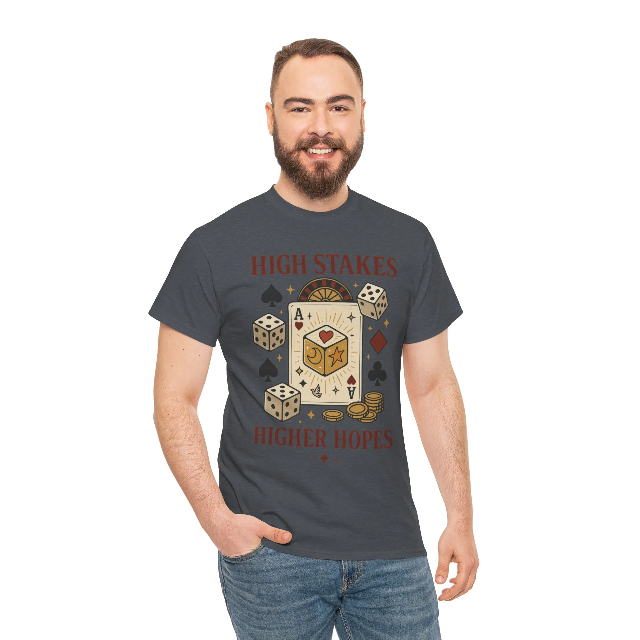High Stakes, Higher Hopes Graphic Tee, Unisex Gambling Gift, Dice and Card Theme Shirt, Casual Wear, Game Night Apparel - Image 22