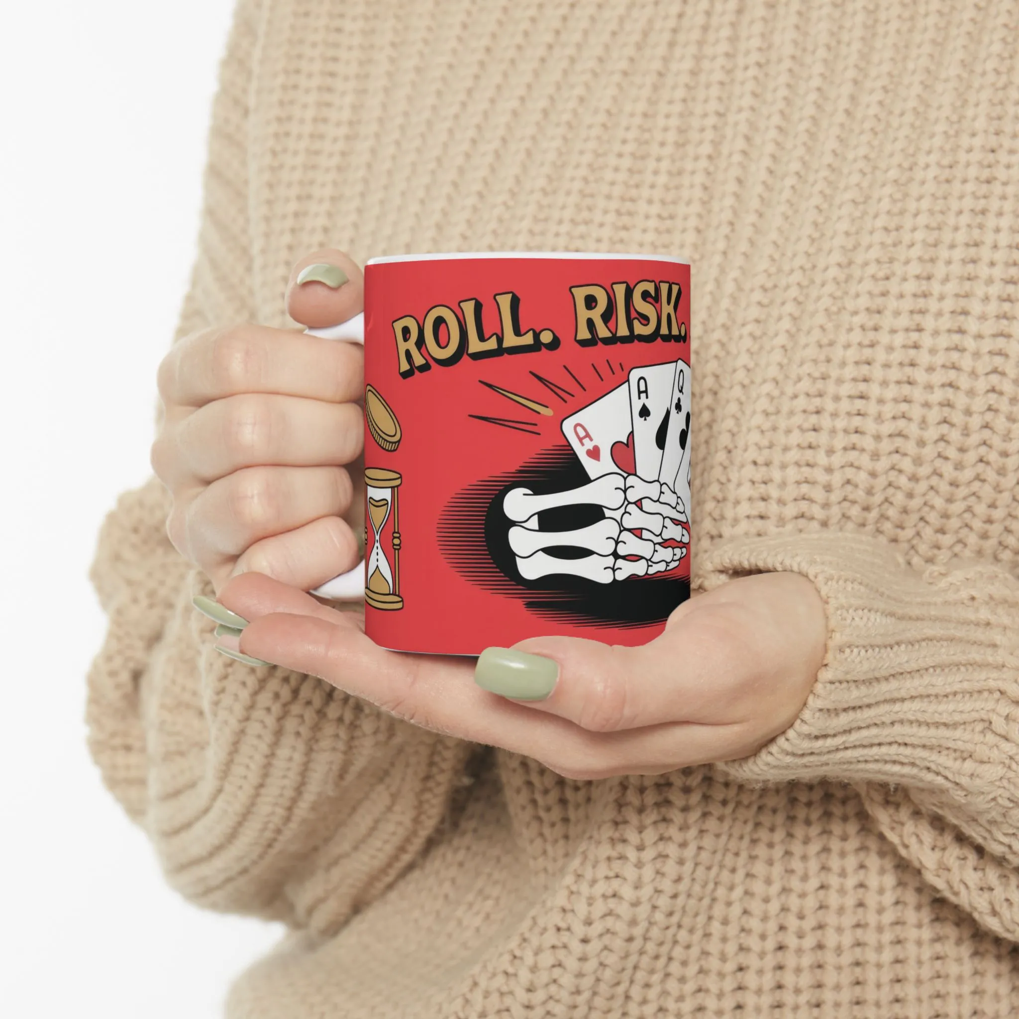 Roll Risk Repeat Poker Mug, Bold Tattoo Style Coffee Cup with Joker Card, Gambling Gift, Gothic Drinkware, Poker Lovers Mug - Image 5