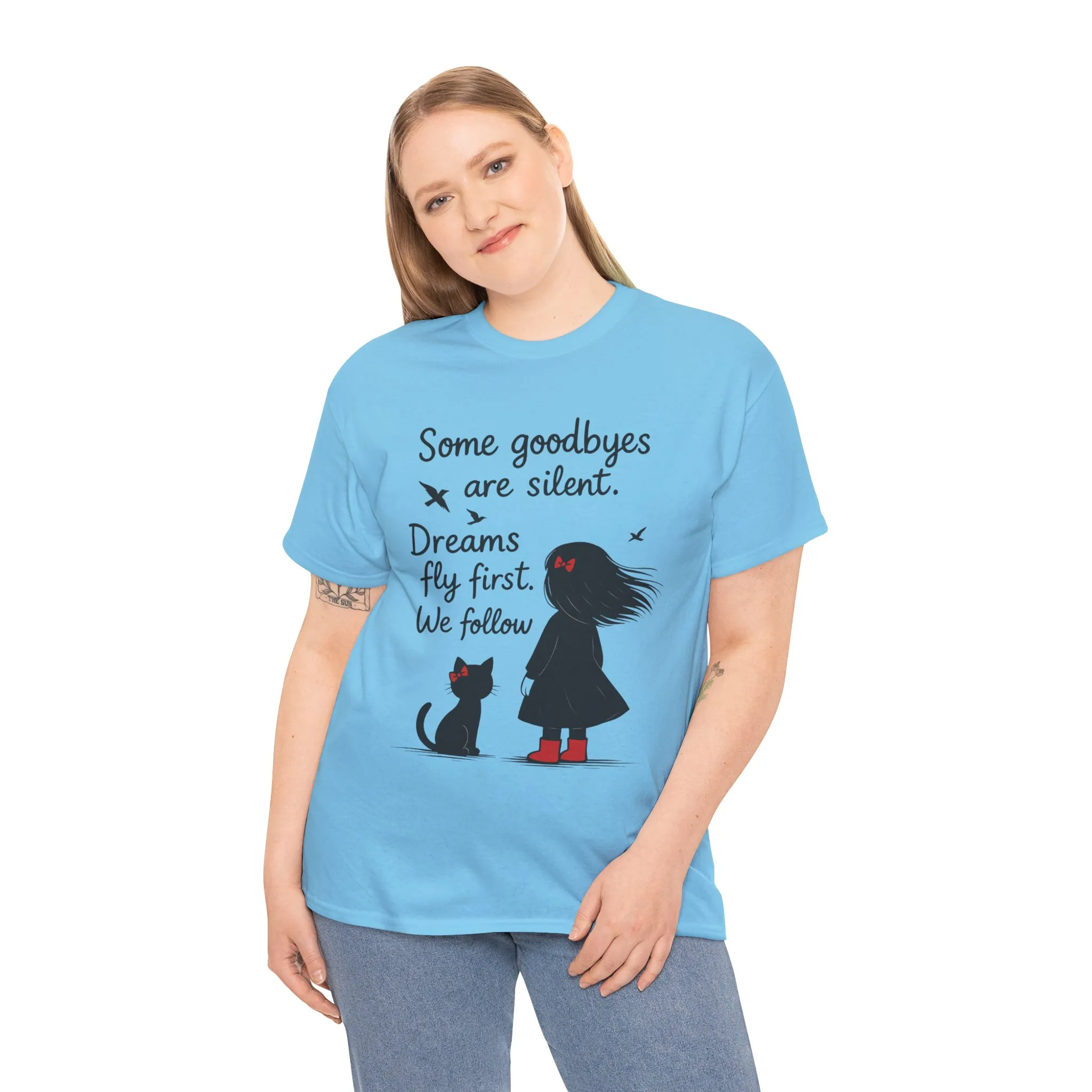 Emotional Hand Drawn Womens T-Shirt, Minimalist Red Dress Girl and Cat Graphic Tee, Cat Lover Gift - Image 36