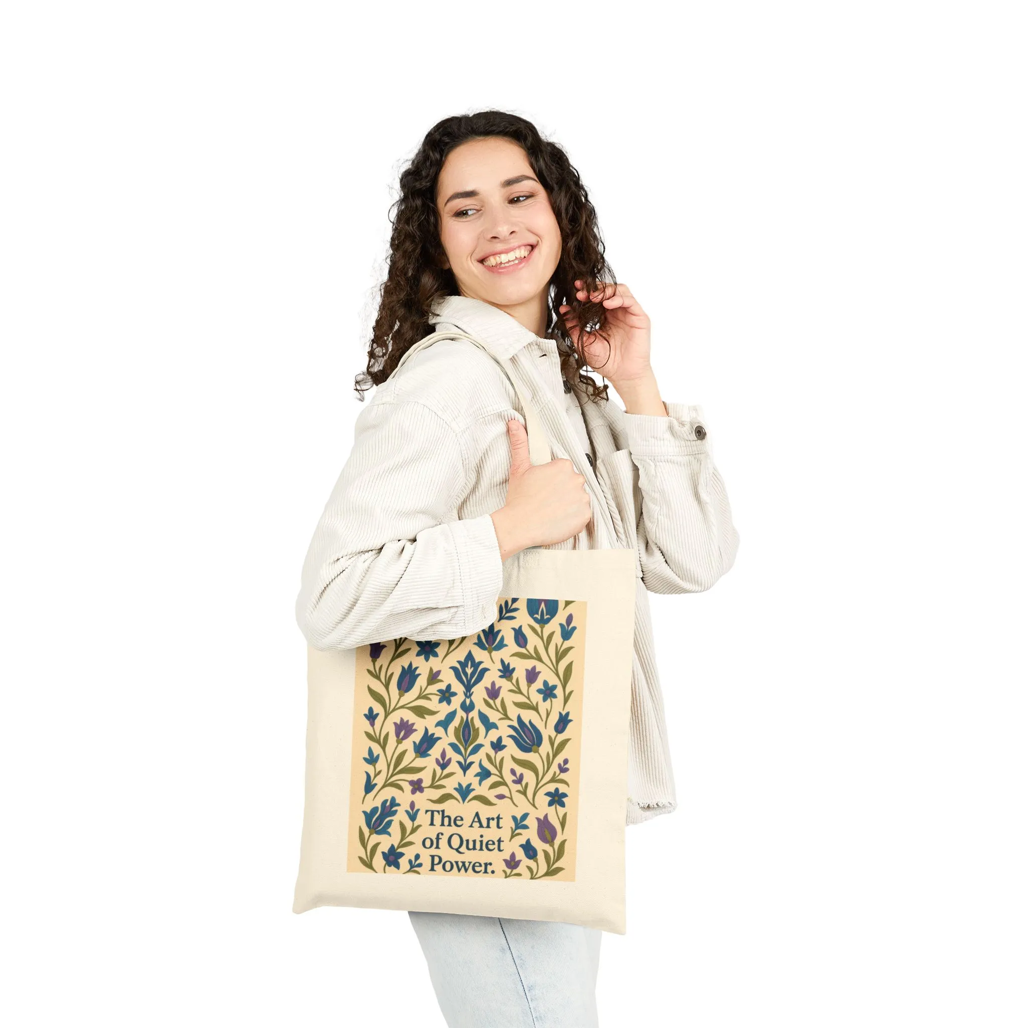 The Art of Quiet Power Tote Bag, Elegant Blue Floral Pattern Canvas Bag, Minimal Botanical Turkish Tile Inspired Gift Bag - Image 3