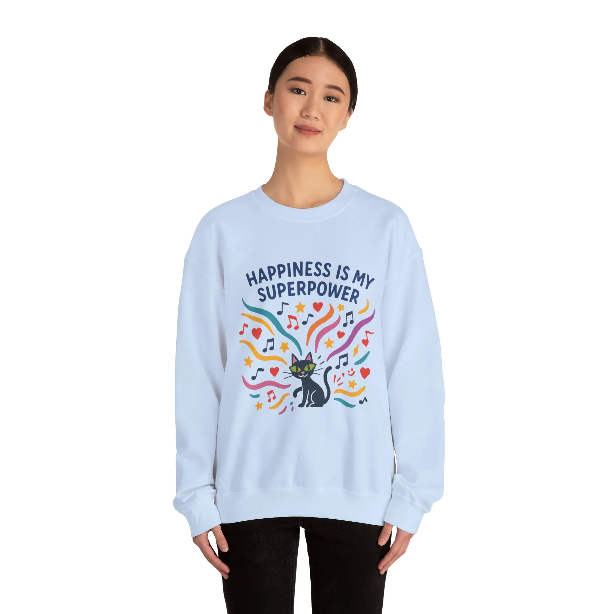 Playful Cat Crewneck Sweatshirt, Happiness is My Superpower, Cozy Sweatshirt, Gift for Cat Lovers, Fun Casual Style, Unique Animal Design