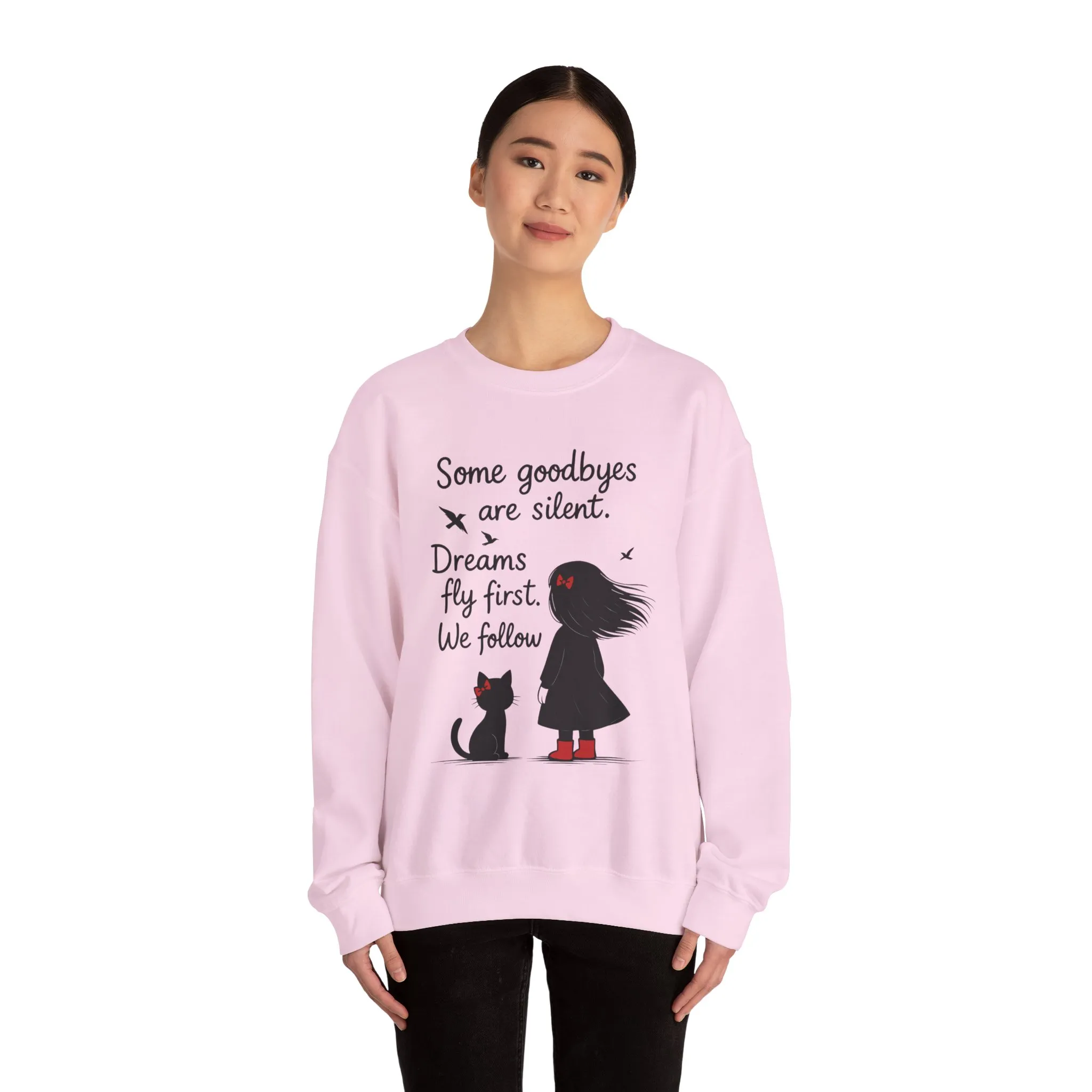 Cozy Farewell Girl & Cat Pullover, Hand Drawn Red Dress Art, Minimalist Womens Crewneck - Image 20