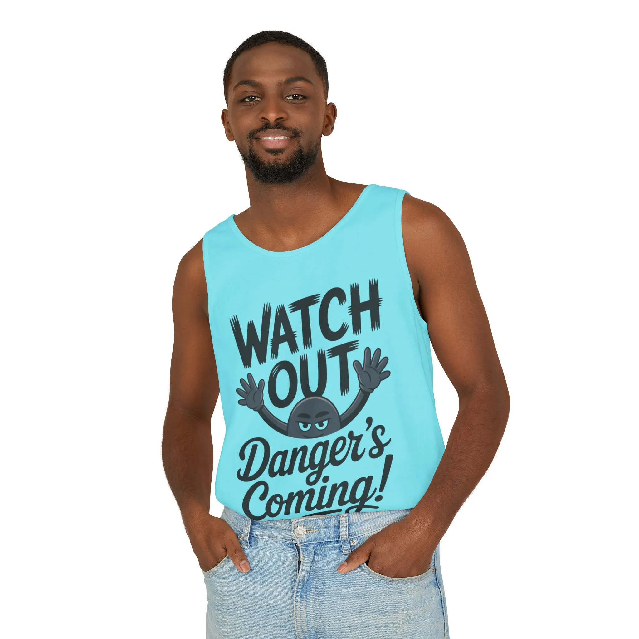 Watch Out! Danger's Coming, Mens Garment-Dyed Tank Top, Summer Tank, Trendy Mens Top, Fun Graphic Tee, Casual Wear, Gift for Him - Image 39