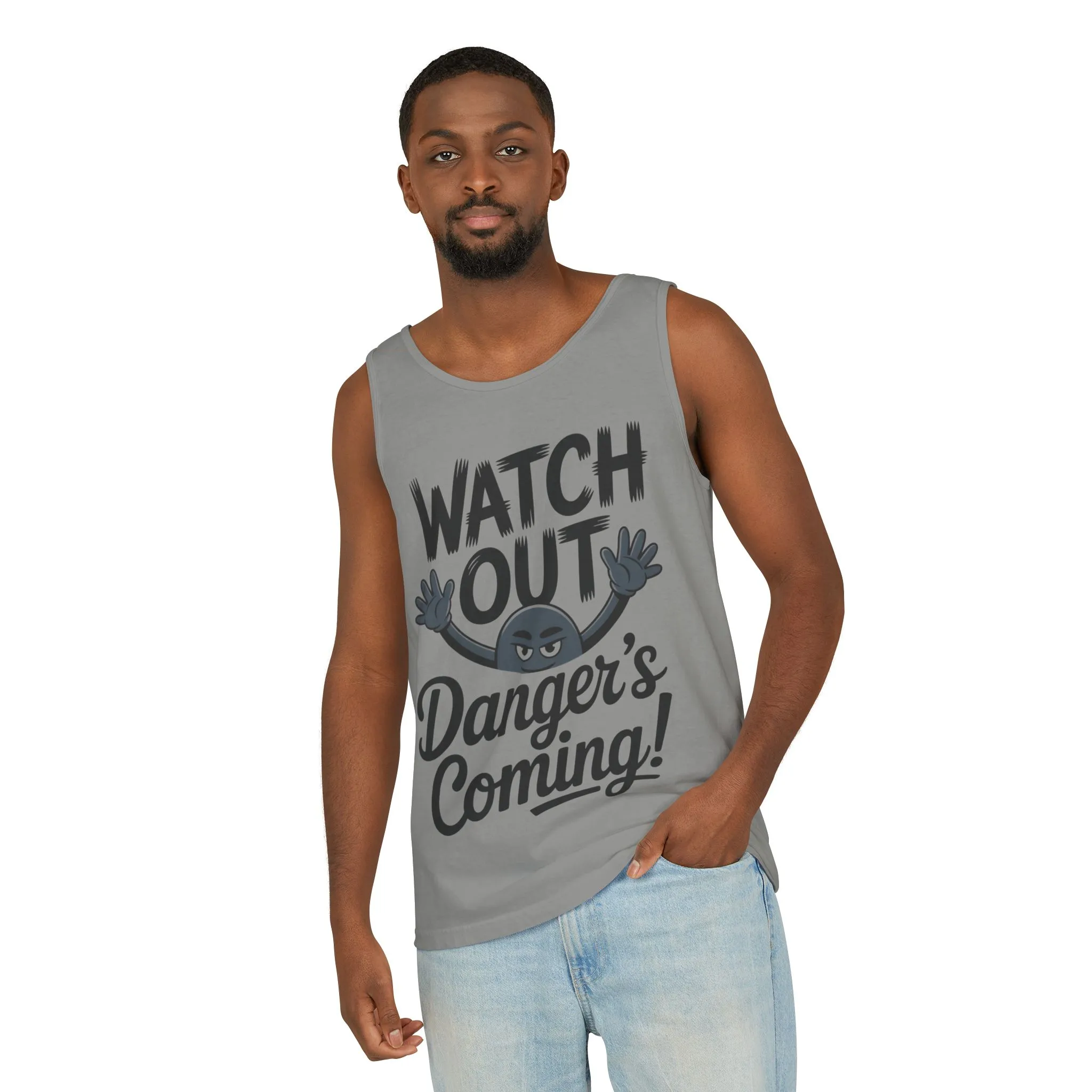 Watch Out! Danger's Coming, Mens Garment-Dyed Tank Top, Summer Tank, Trendy Mens Top, Fun Graphic Tee, Casual Wear, Gift for Him - Image 26