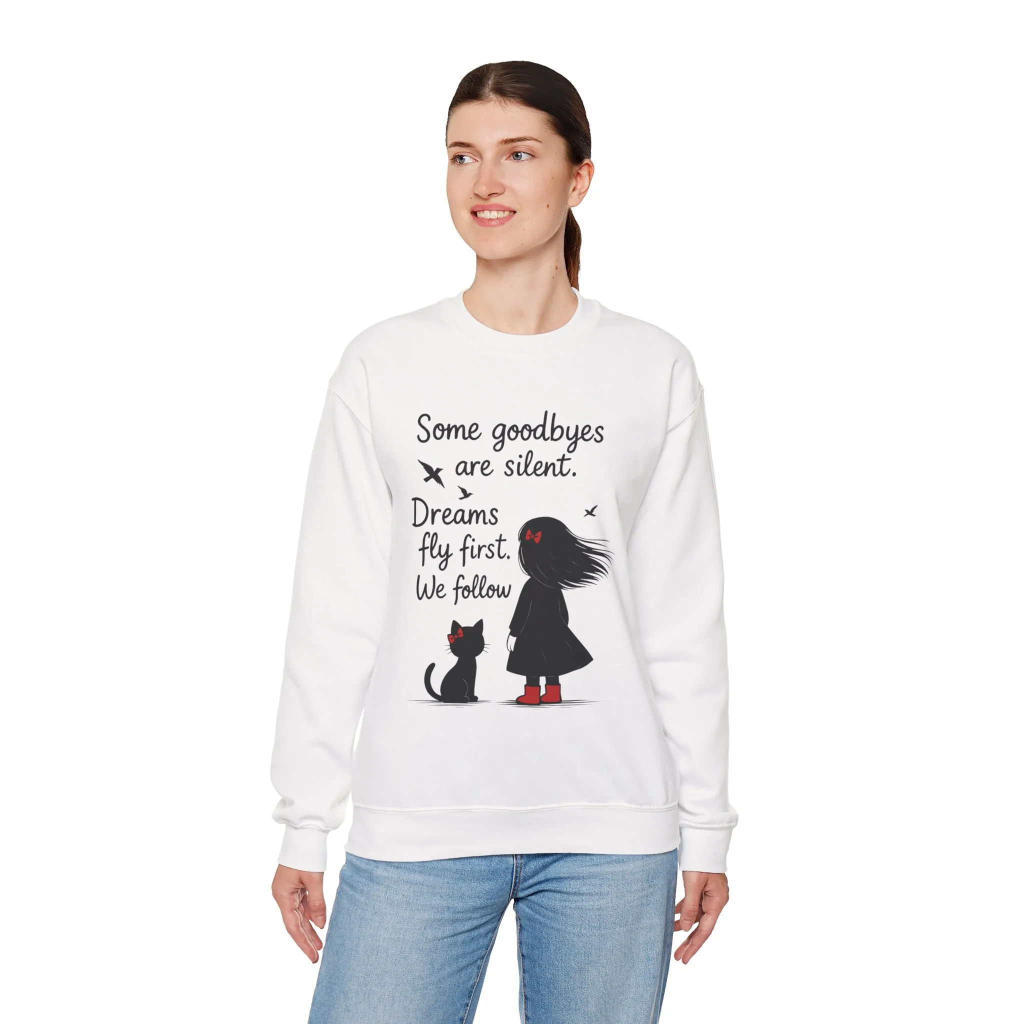Cozy Farewell Girl & Cat Pullover, Hand Drawn Red Dress Art, Minimalist Womens Crewneck - Image 30