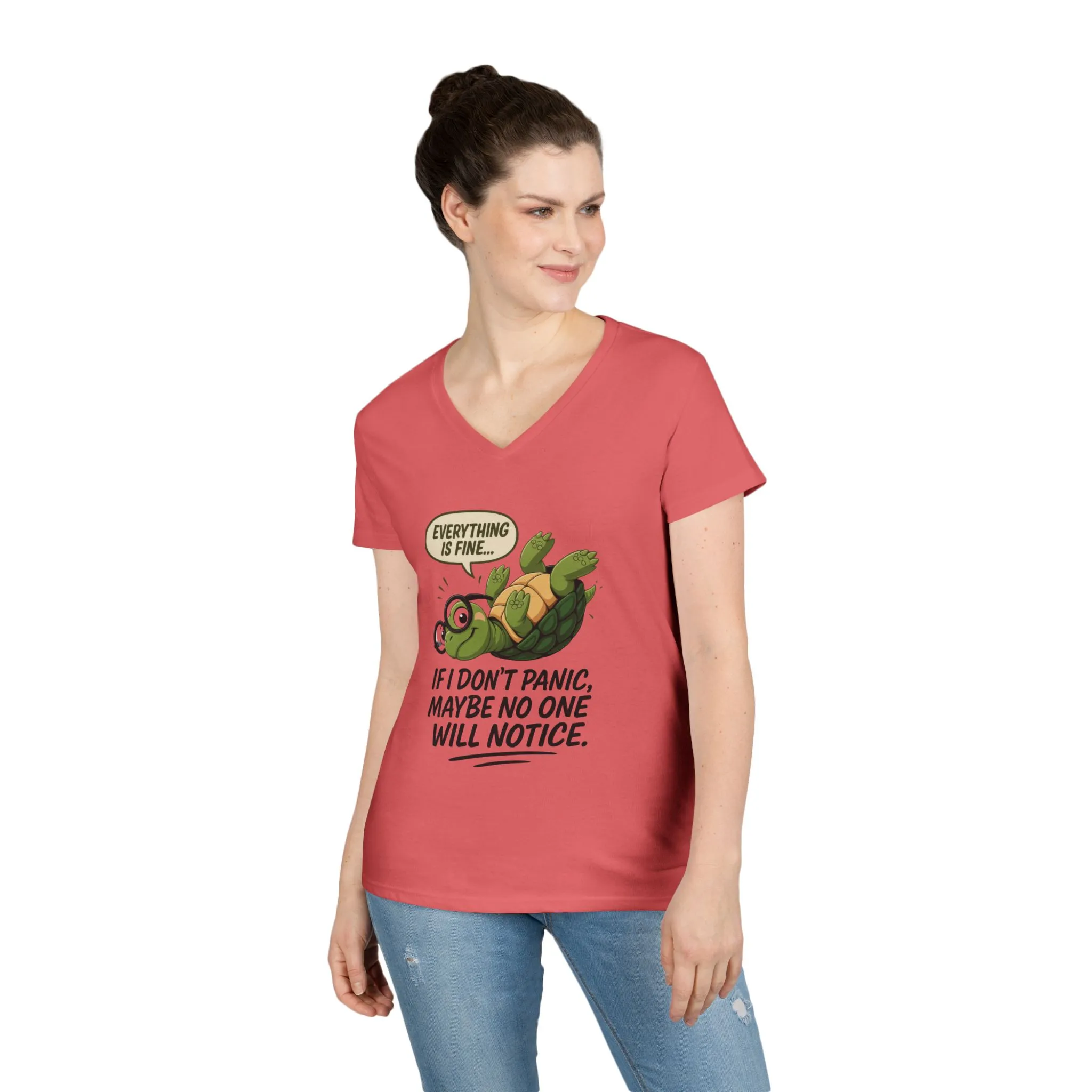 Cute & Comfy Turtle V-Neck T-Shirt, Everything is fine.. design, Gift for Animal Lovers, Casual Wear, Fun Quotes, Positive message tee