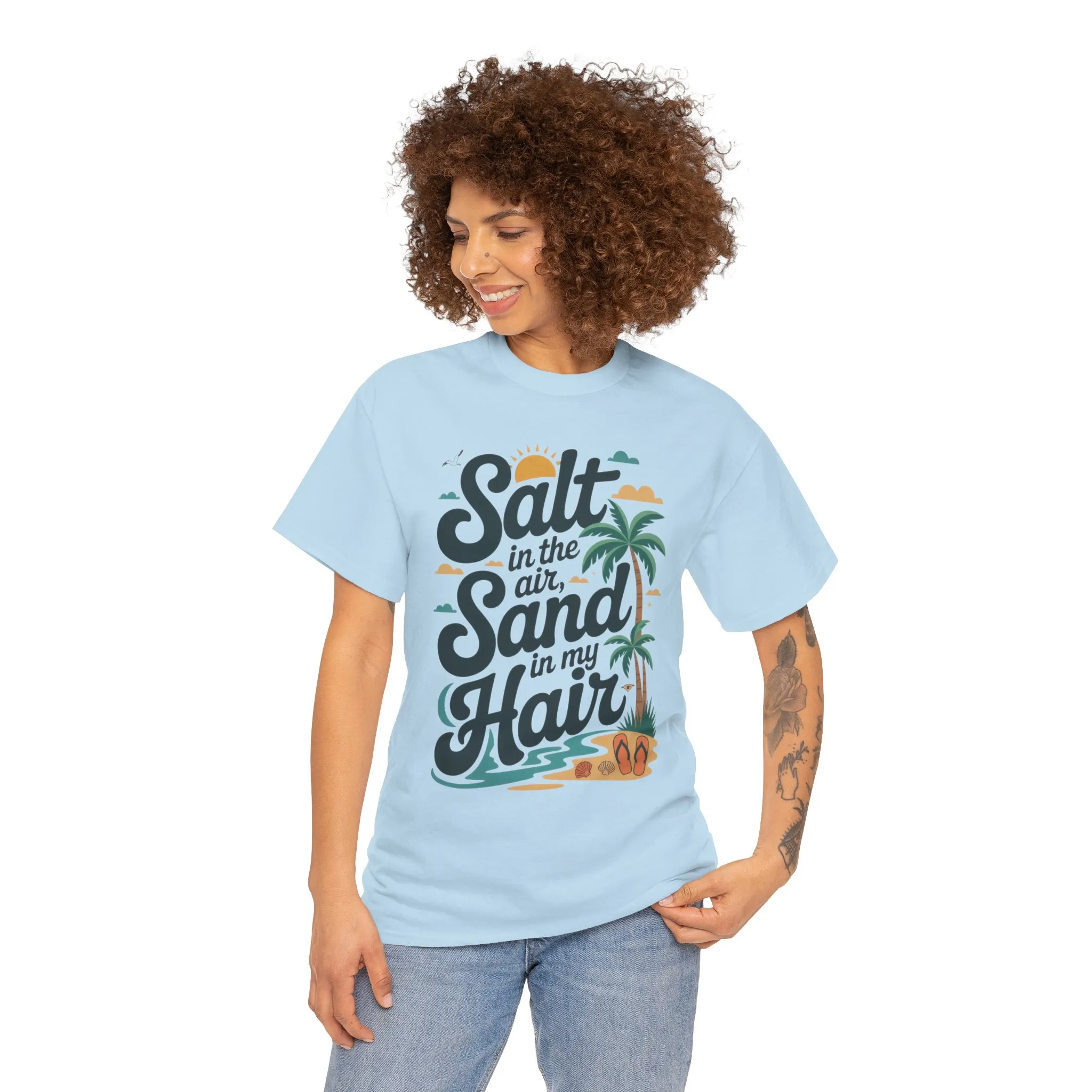 Salt in the Air Sand in My Hair Shirt, Beach Summer Vibes Graphic T-Shirt, Tropical Ocean Palm Design, Ocean-Themed Shirt, Gift Beach Lovers - Image 33