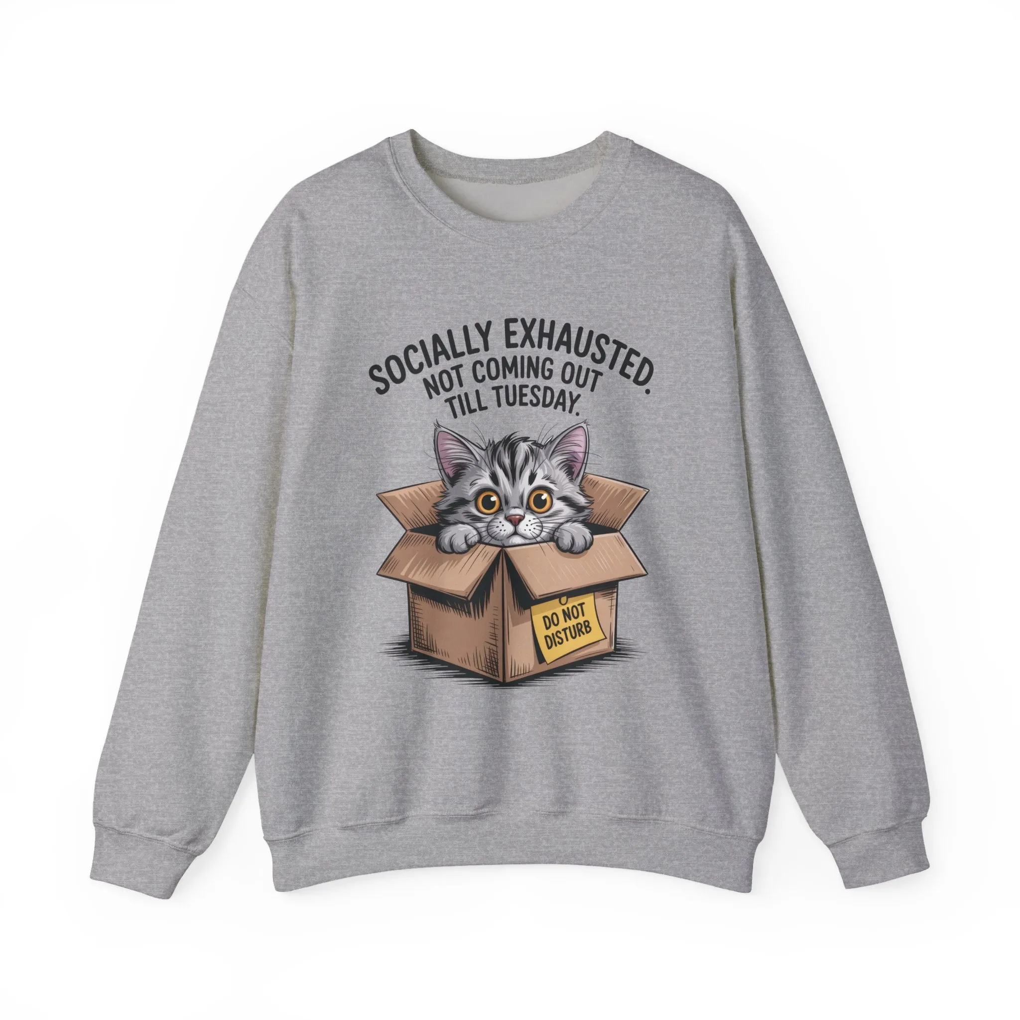 Socially Exhausted Cat Sweatshirt, Funny Cat Crewneck, Gift for Cat Lovers, Cozy Unisex Pullover, Weekend Comfort Apparel - Image 4