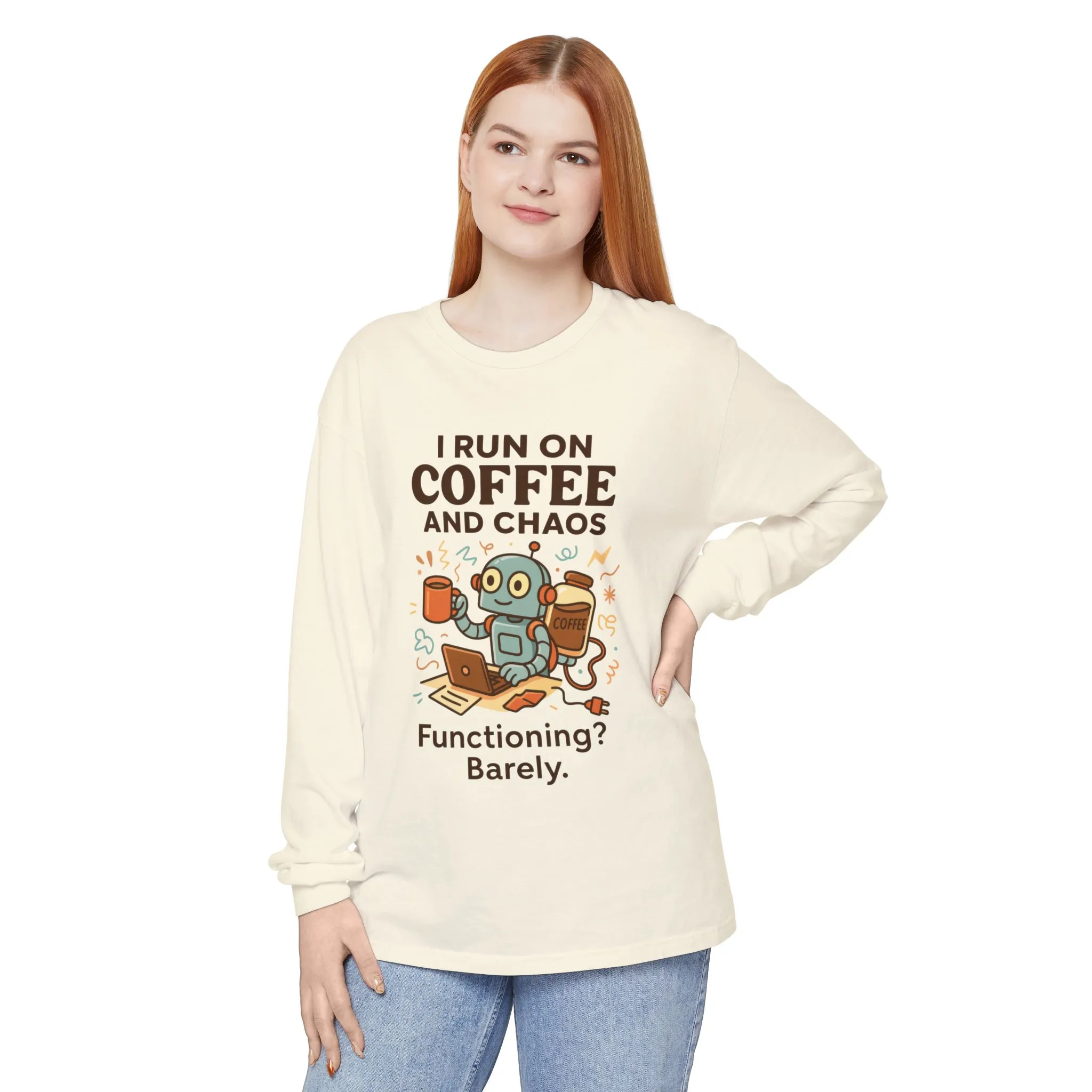 Coffee Chaos Long Sleeve Tee, Funny T-Shirt, Quirky Gift for Coffee Lovers, Unisex Top for Busy Lives, Work from Home Humor Tee - Image 9