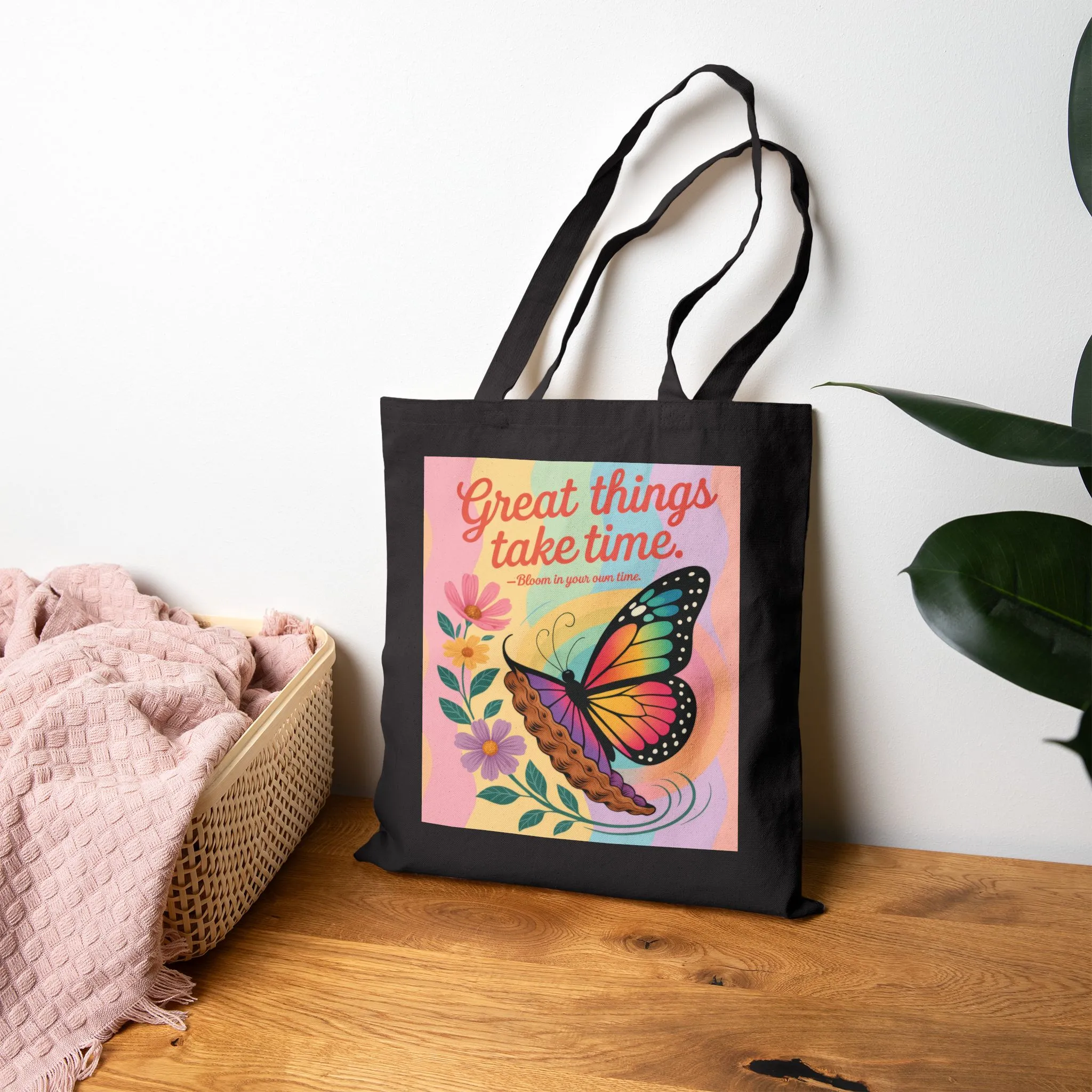 Great Things Take Time Tote Bag, Butterfly & Flower Cotton Canvas Bag, Motivational Quote Tote, Inspirational Gift for Women, Boho Style Bag - Image 12