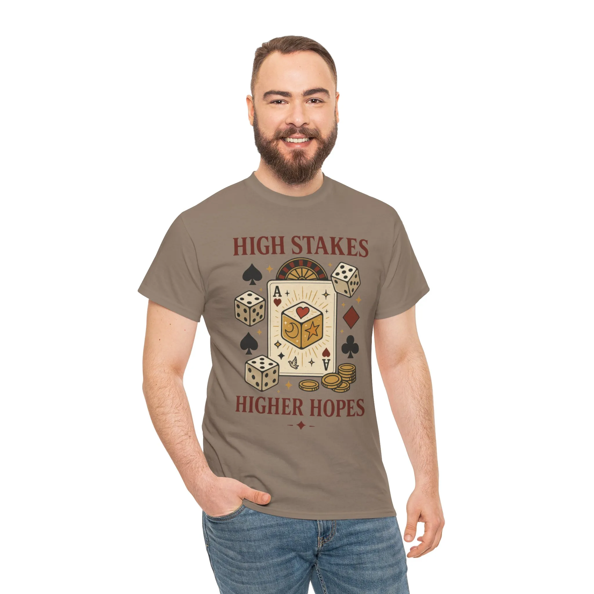 High Stakes, Higher Hopes Graphic Tee, Unisex Gambling Gift, Dice and Card Theme Shirt, Casual Wear, Game Night Apparel - Image 7