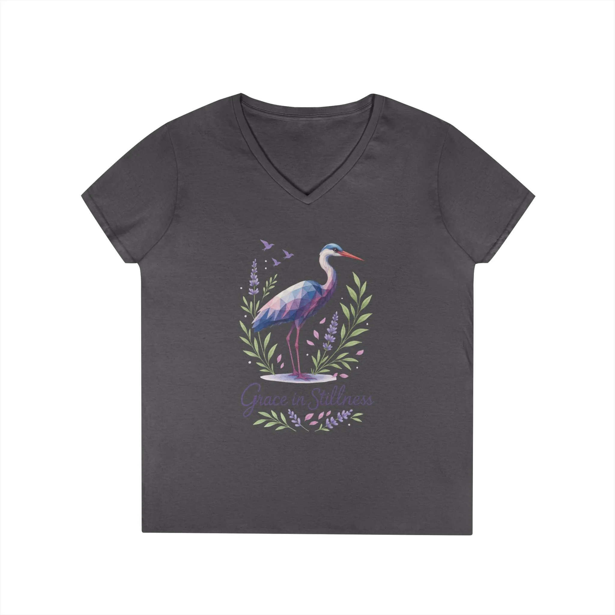 Ladies' V-Neck T-Shirt with Heron Design - Grace in Stillness, Relaxed Fit, Nature-Inspired Gift, Travel Tee, Summer Fashion - Image 10