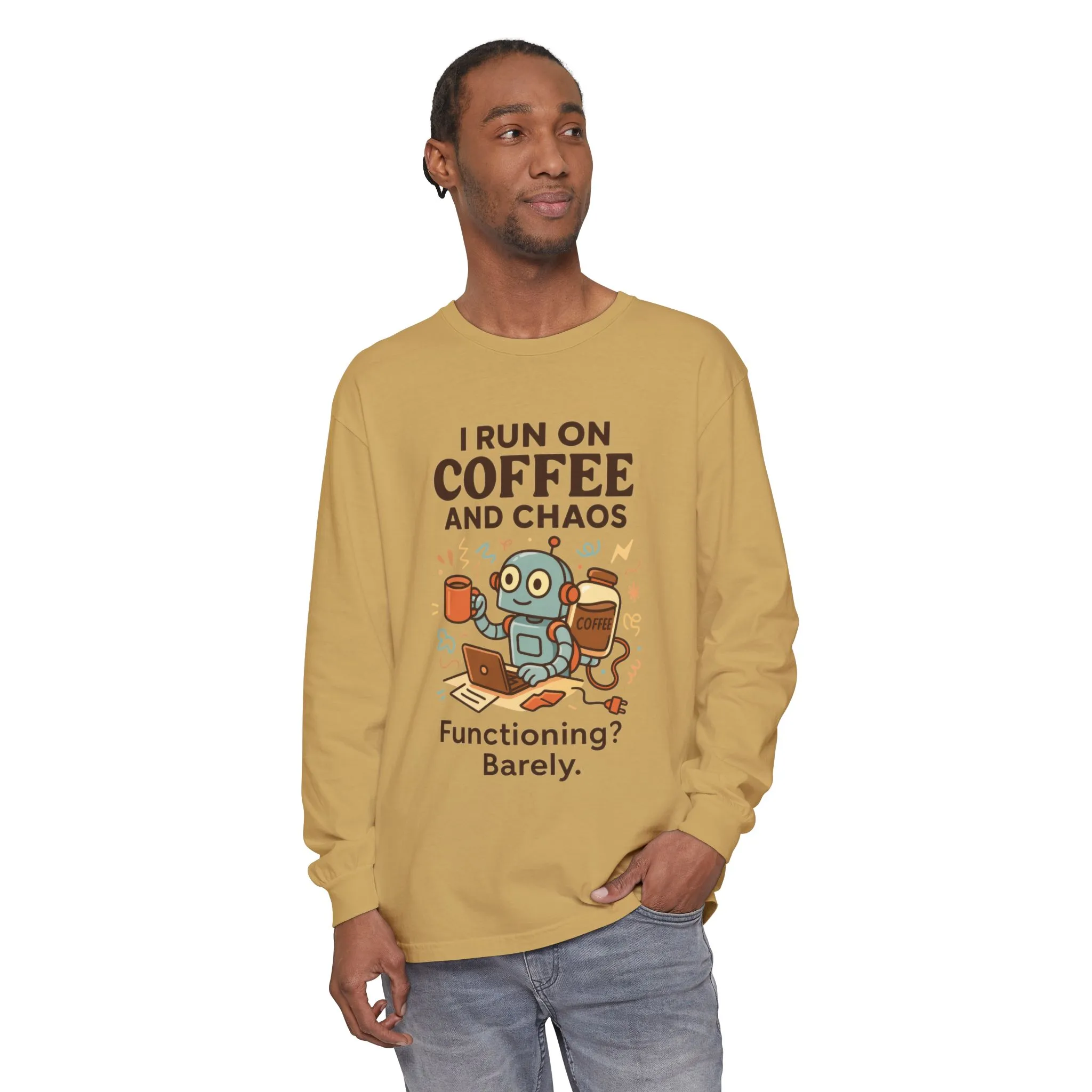 Coffee Chaos Long Sleeve Tee, Funny T-Shirt, Quirky Gift for Coffee Lovers, Unisex Top for Busy Lives, Work from Home Humor Tee - Image 32