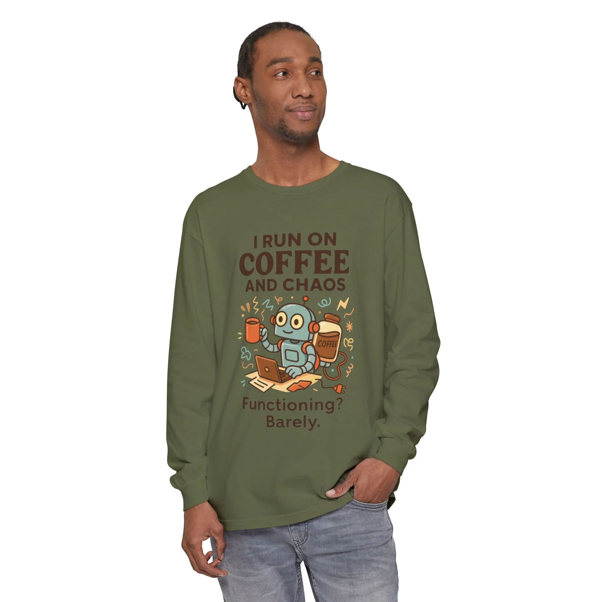 Coffee Chaos Long Sleeve Tee, Funny T-Shirt, Quirky Gift for Coffee Lovers, Unisex Top for Busy Lives, Work from Home Humor Tee - Image 41