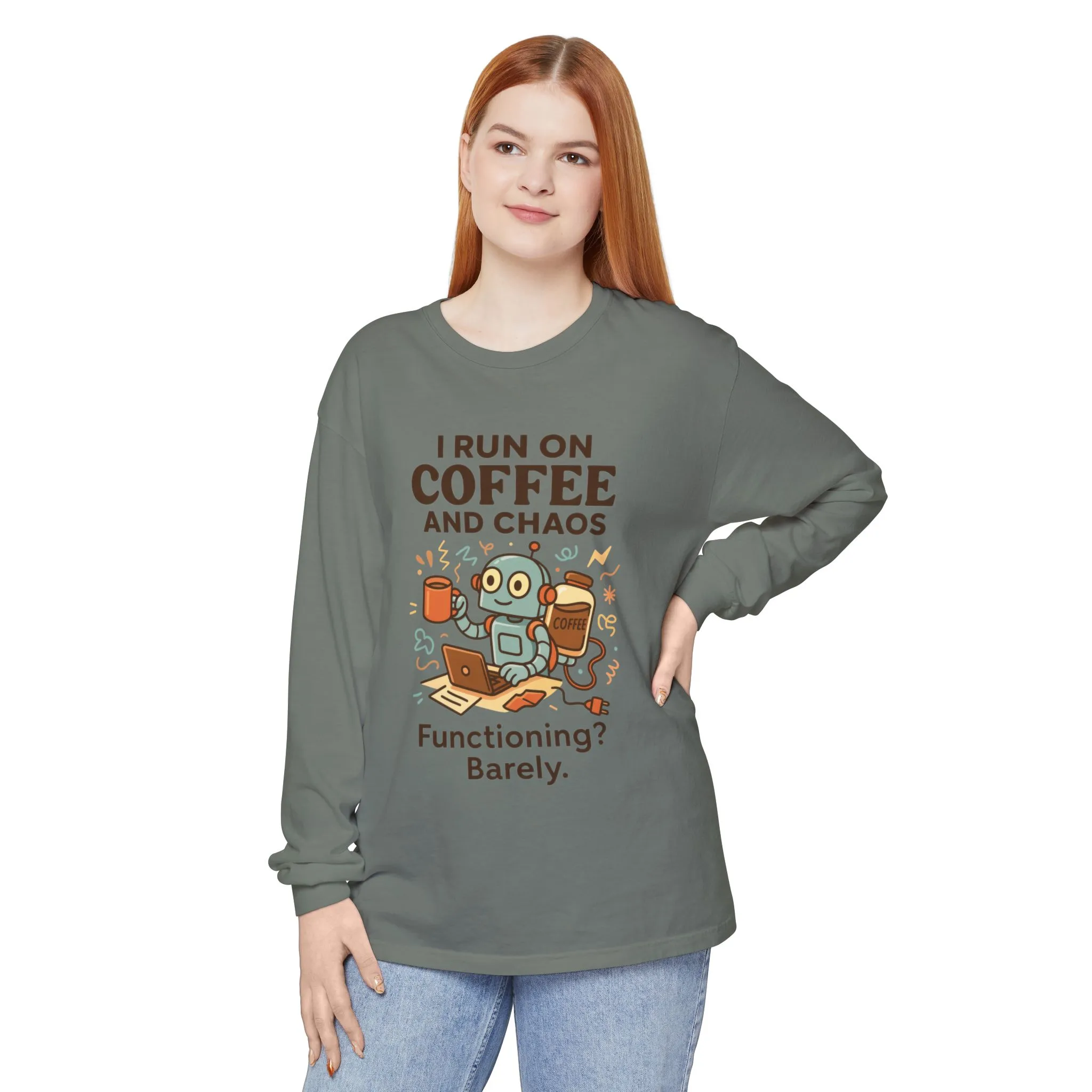 Coffee Chaos Long Sleeve Tee, Funny T-Shirt, Quirky Gift for Coffee Lovers, Unisex Top for Busy Lives, Work from Home Humor Tee - Image 39