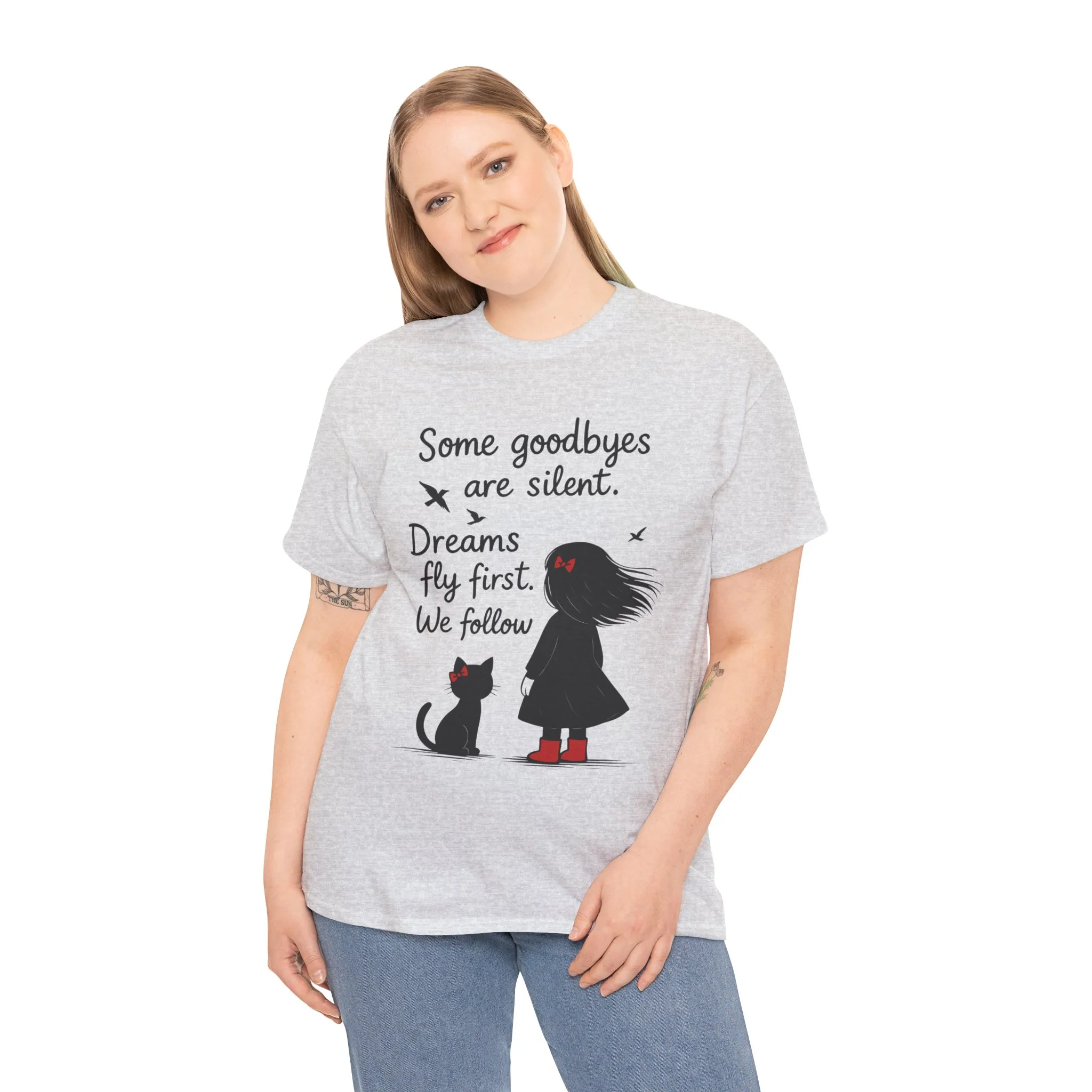 Emotional Hand Drawn Womens T-Shirt, Minimalist Red Dress Girl and Cat Graphic Tee, Cat Lover Gift - Image 3