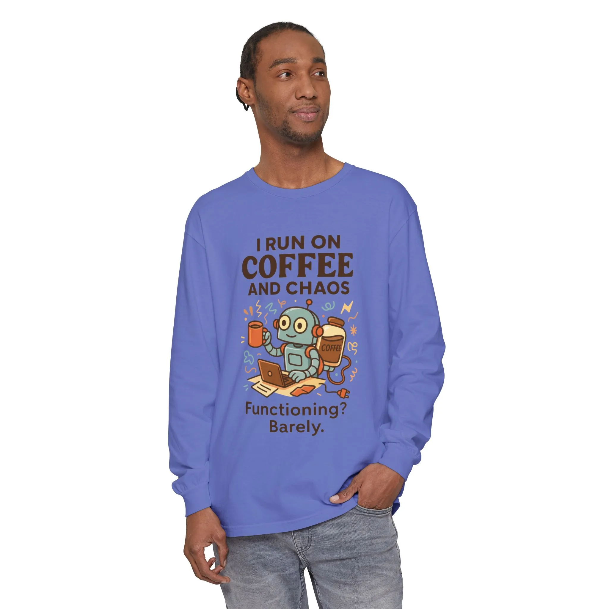 Coffee Chaos Long Sleeve Tee, Funny T-Shirt, Quirky Gift for Coffee Lovers, Unisex Top for Busy Lives, Work from Home Humor Tee - Image 14