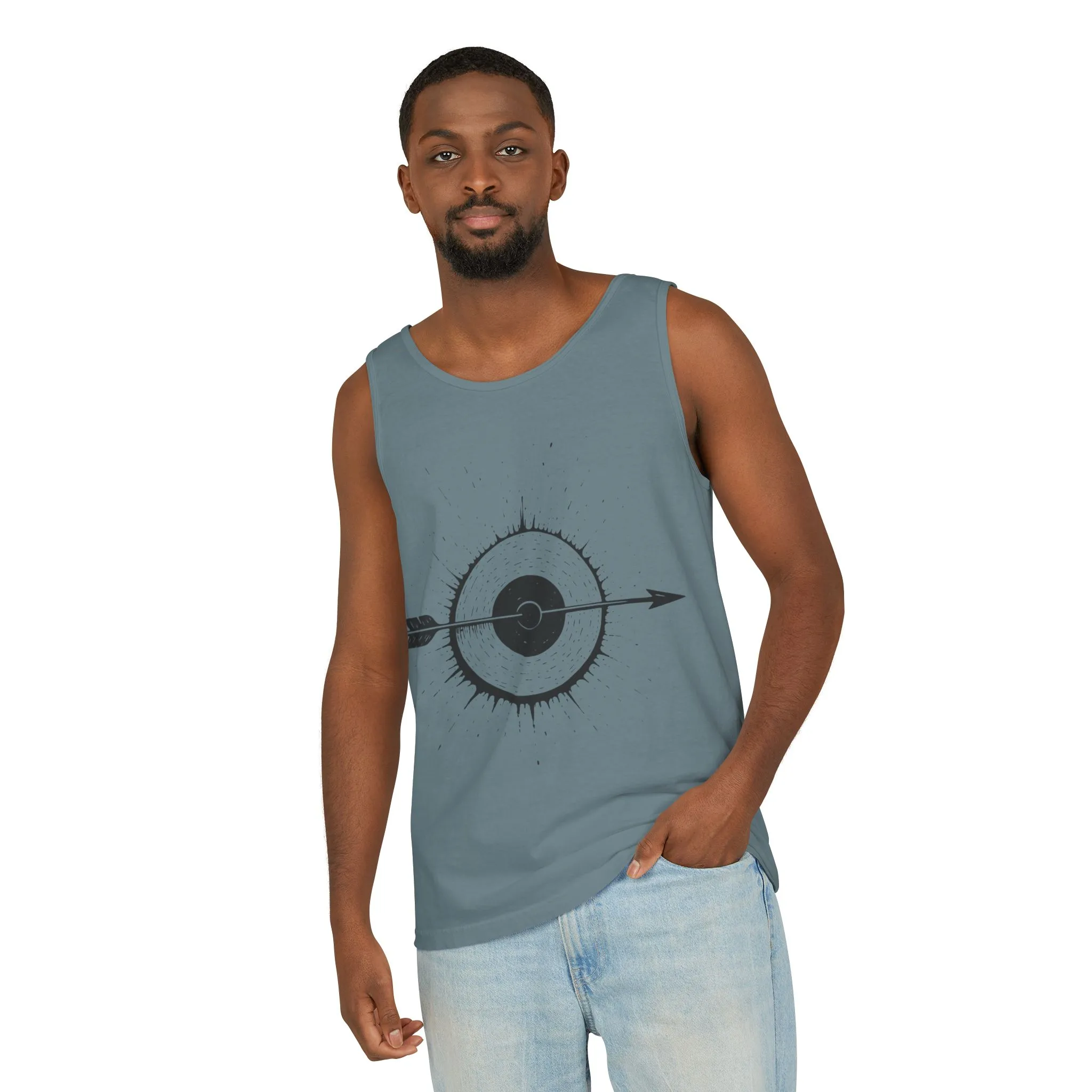 Mens Garment-Dyed Tank Top with Target Arrow Design, Casual Wear, Summer Essentials, Gym Wear, Gifts for Archery Lovers - Image 26