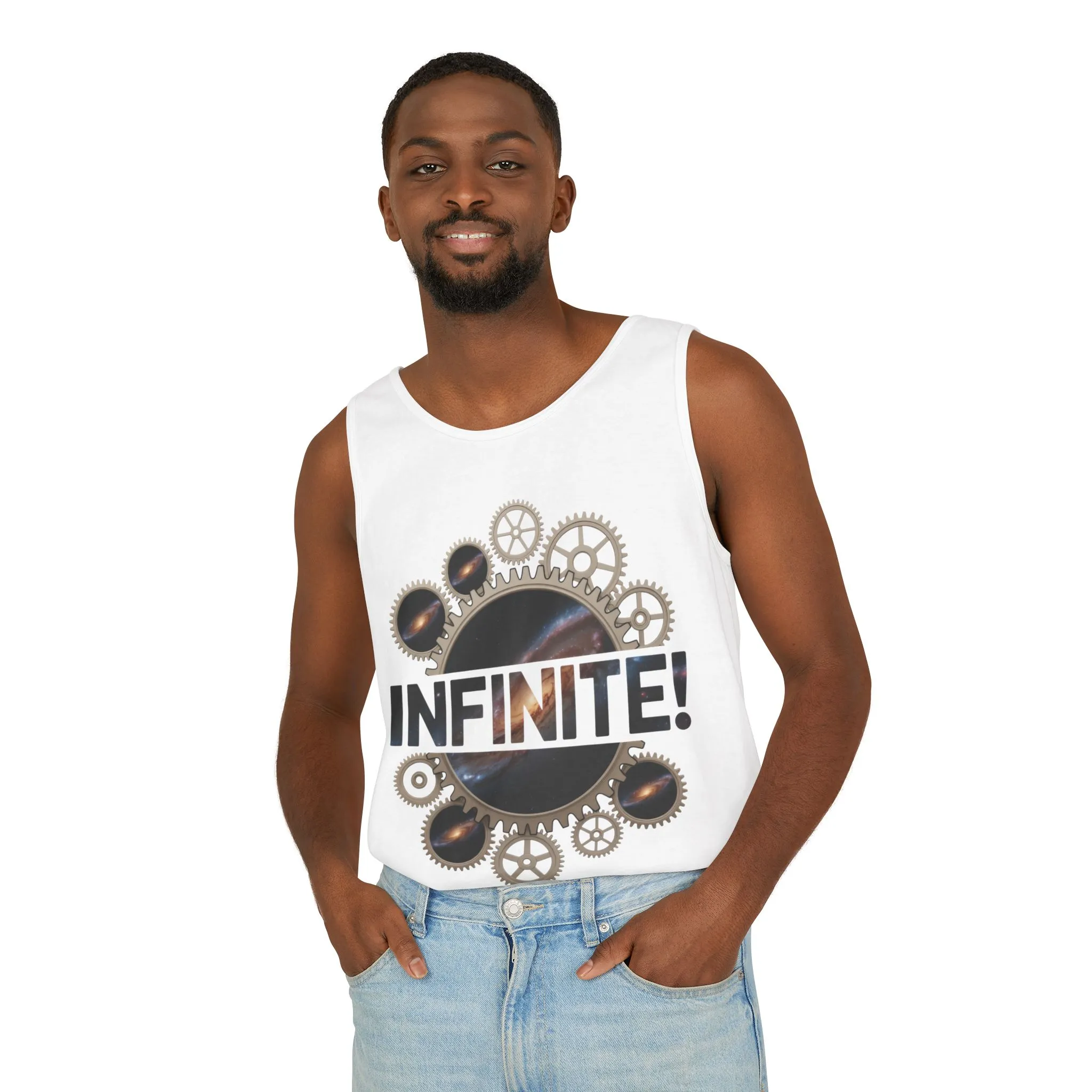 Men's INFINITE! Steampunk Space Gears T-Shirt, Cosmic Mechanical Design Tee for Sci-Fi & Engineering Lovers, Workout Shirt - Image 6