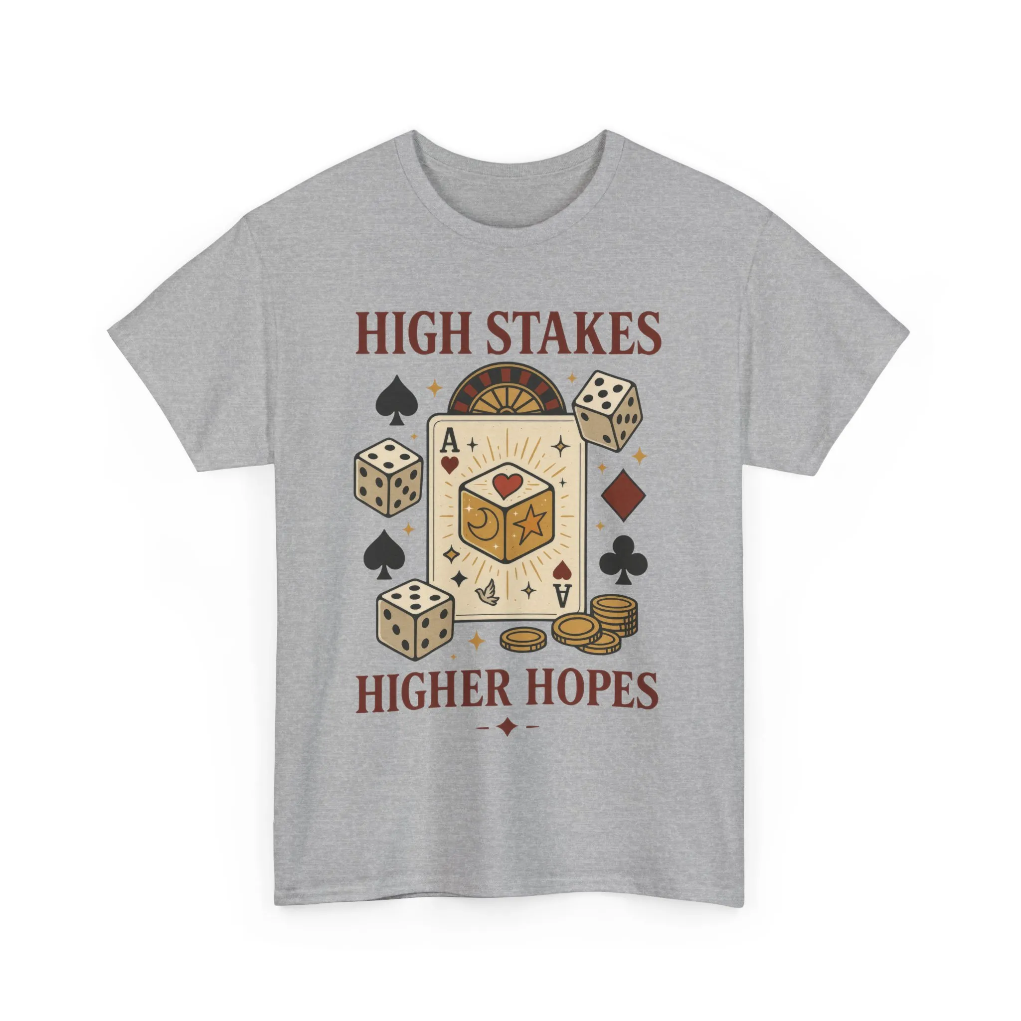 High Stakes, Higher Hopes Graphic Tee, Unisex Gambling Gift, Dice and Card Theme Shirt, Casual Wear, Game Night Apparel - Image 3