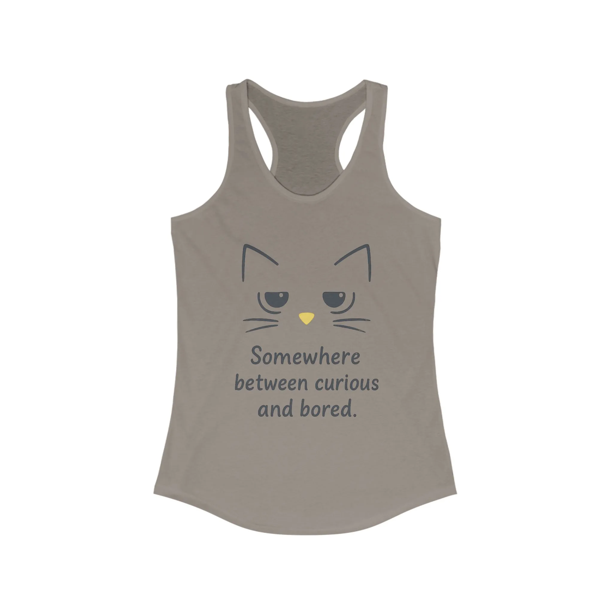 Curious & Bored Cat Tank Top, Women's Racerback Tee, Cute Cat Lover Gift, Fun Workout Top, Summer Casual Wear, Relaxed Fit Shirt