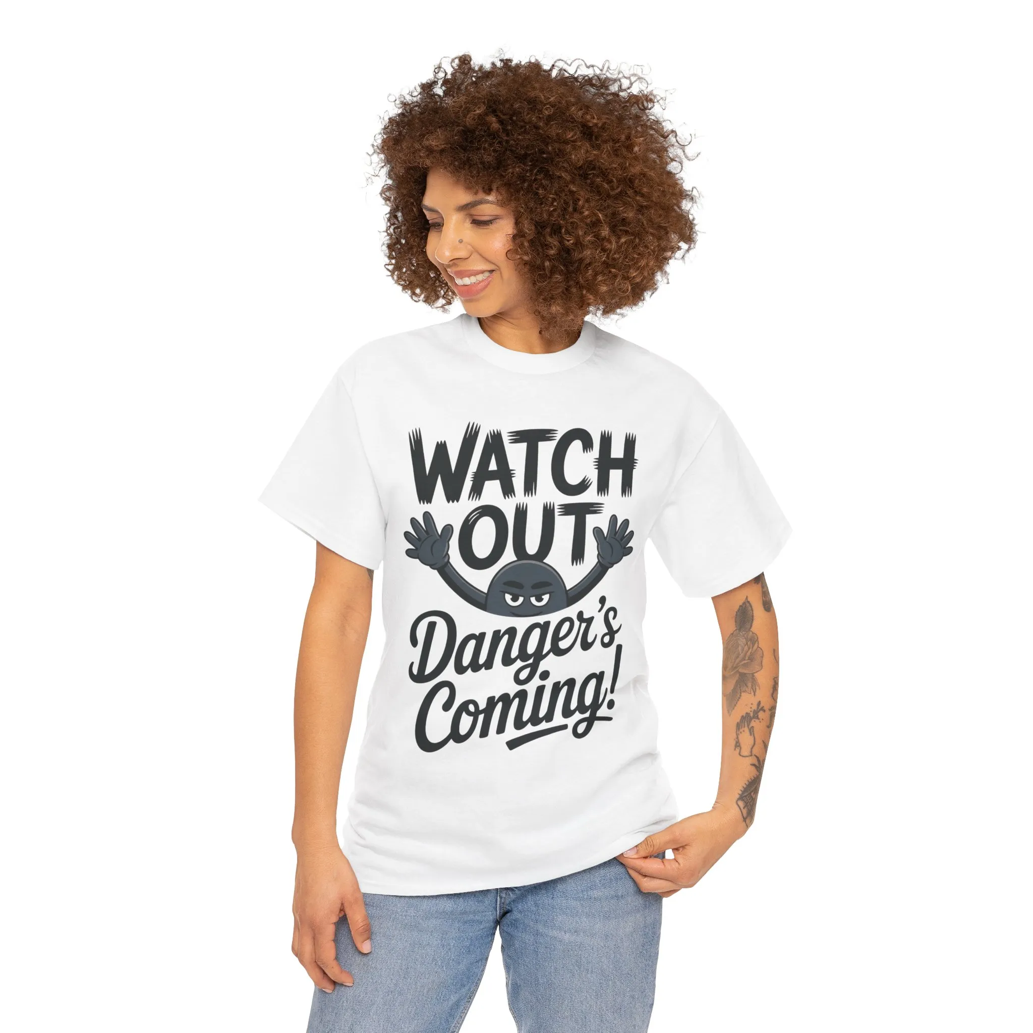 Funny "Watch Out" Cartoon Character T-Shirt, Sketch Style Unisex Heavy Cotton Tee, Minimalist Humorous Graphic Tee, Gift for Him/Her - Image 8