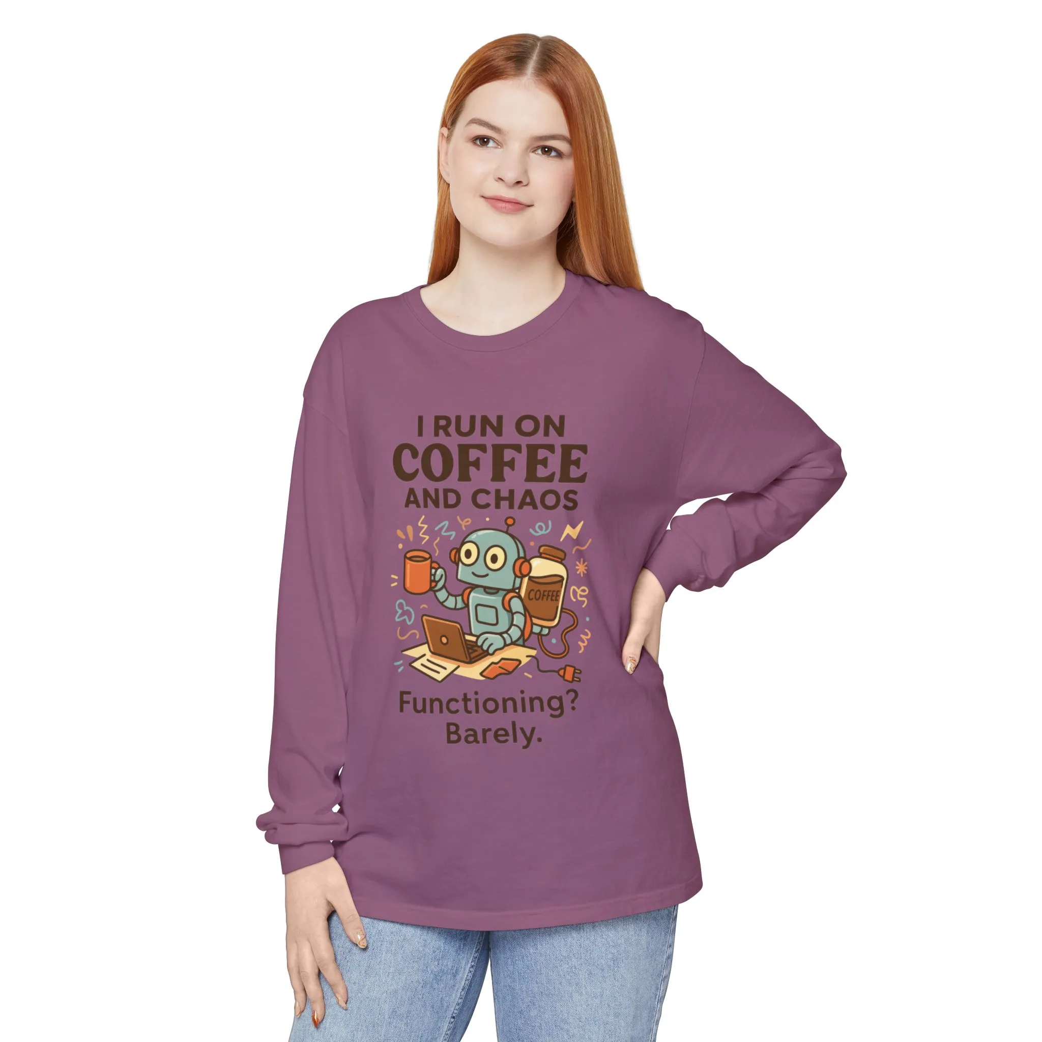 Coffee Chaos Long Sleeve Tee, Funny T-Shirt, Quirky Gift for Coffee Lovers, Unisex Top for Busy Lives, Work from Home Humor Tee - Image 24