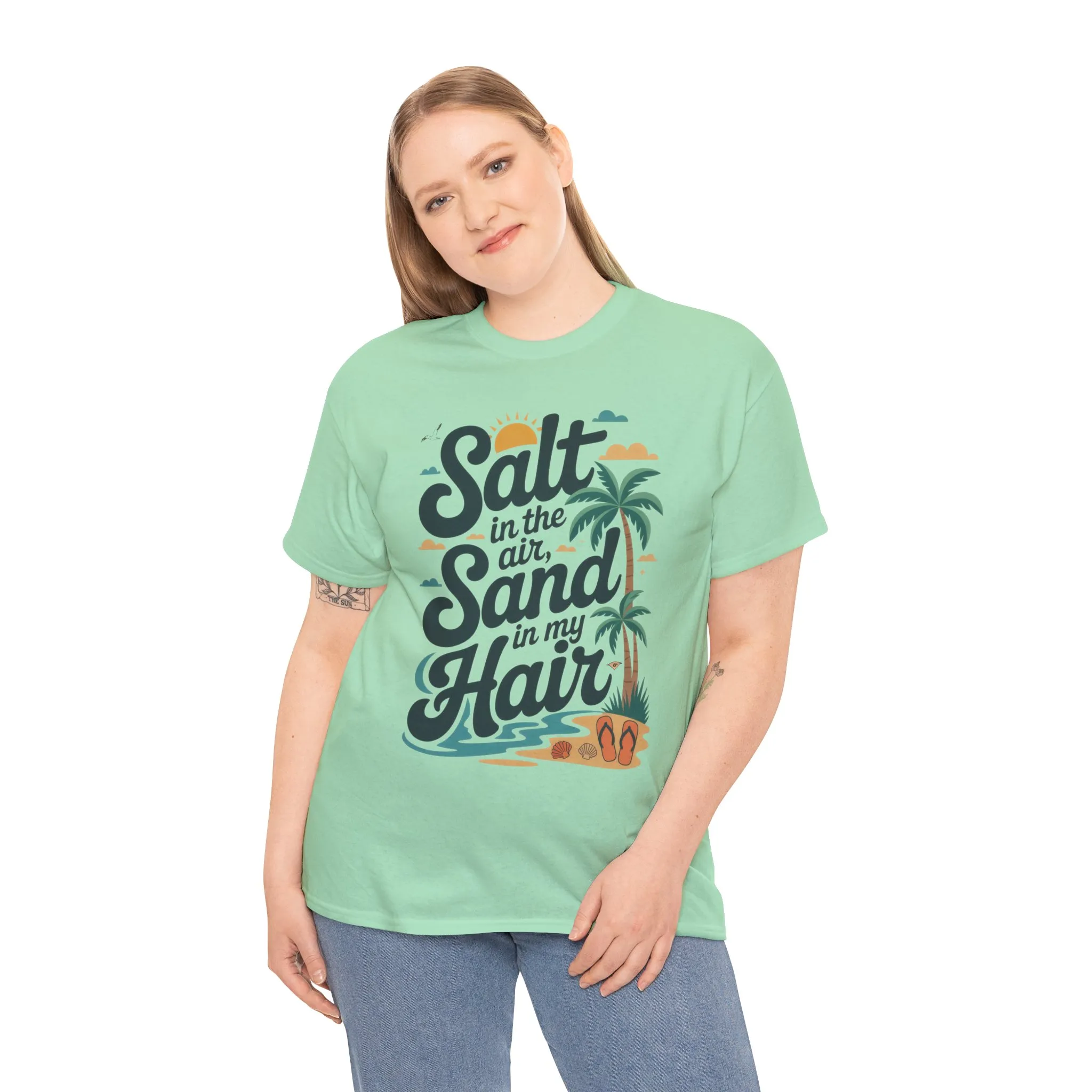 Salt in the Air Sand in My Hair Shirt, Beach Summer Vibes Graphic T-Shirt, Tropical Ocean Palm Design, Ocean-Themed Shirt, Gift Beach Lovers - Image 4