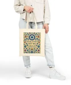 Evil Eye Protection Tote Bag – Bold Floral Nazar Amulet Canvas Bag with Funny Quote, Boho Charm Bag