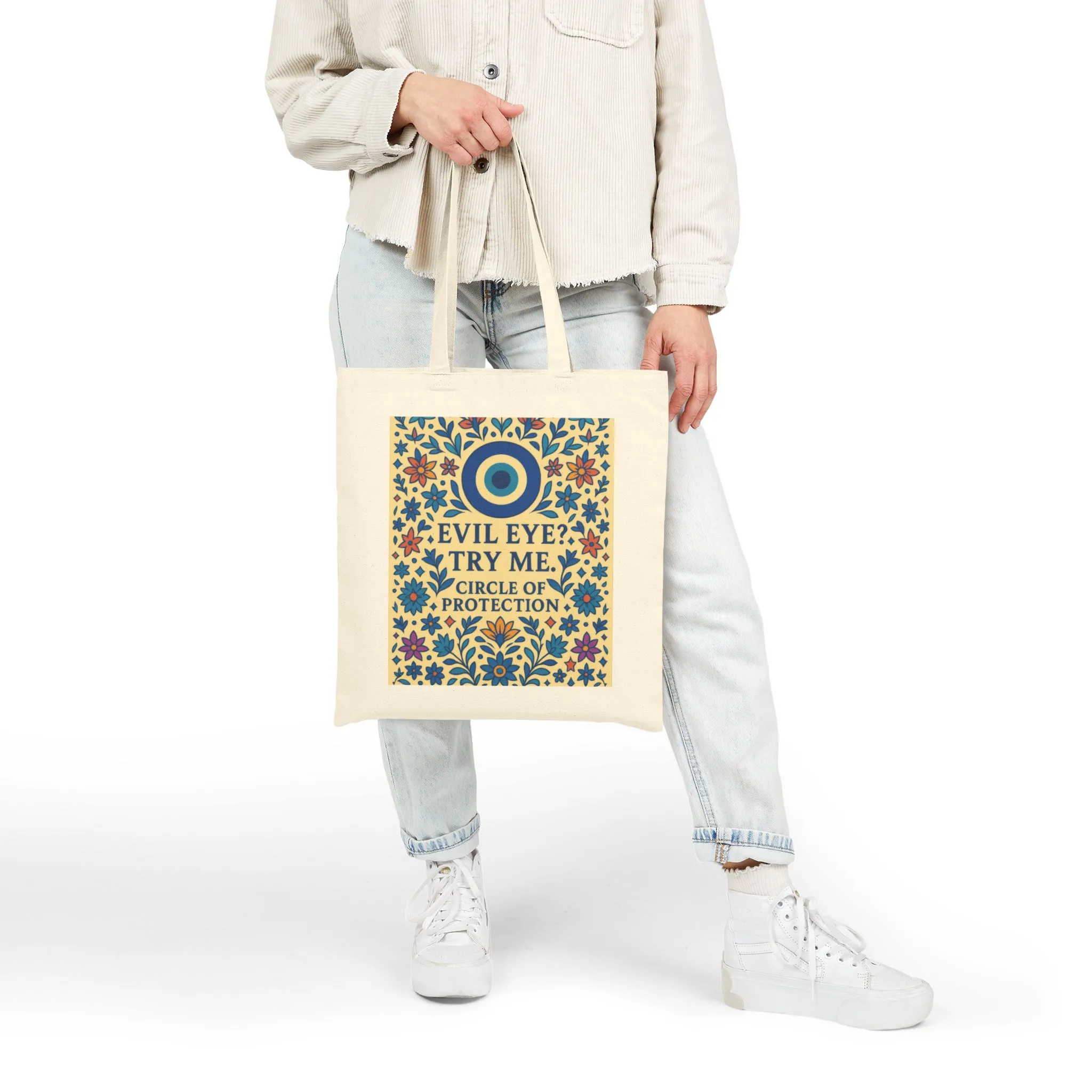 Evil Eye Protection Tote Bag – Bold Floral Nazar Amulet Canvas Bag with Funny Quote, Boho Charm Bag