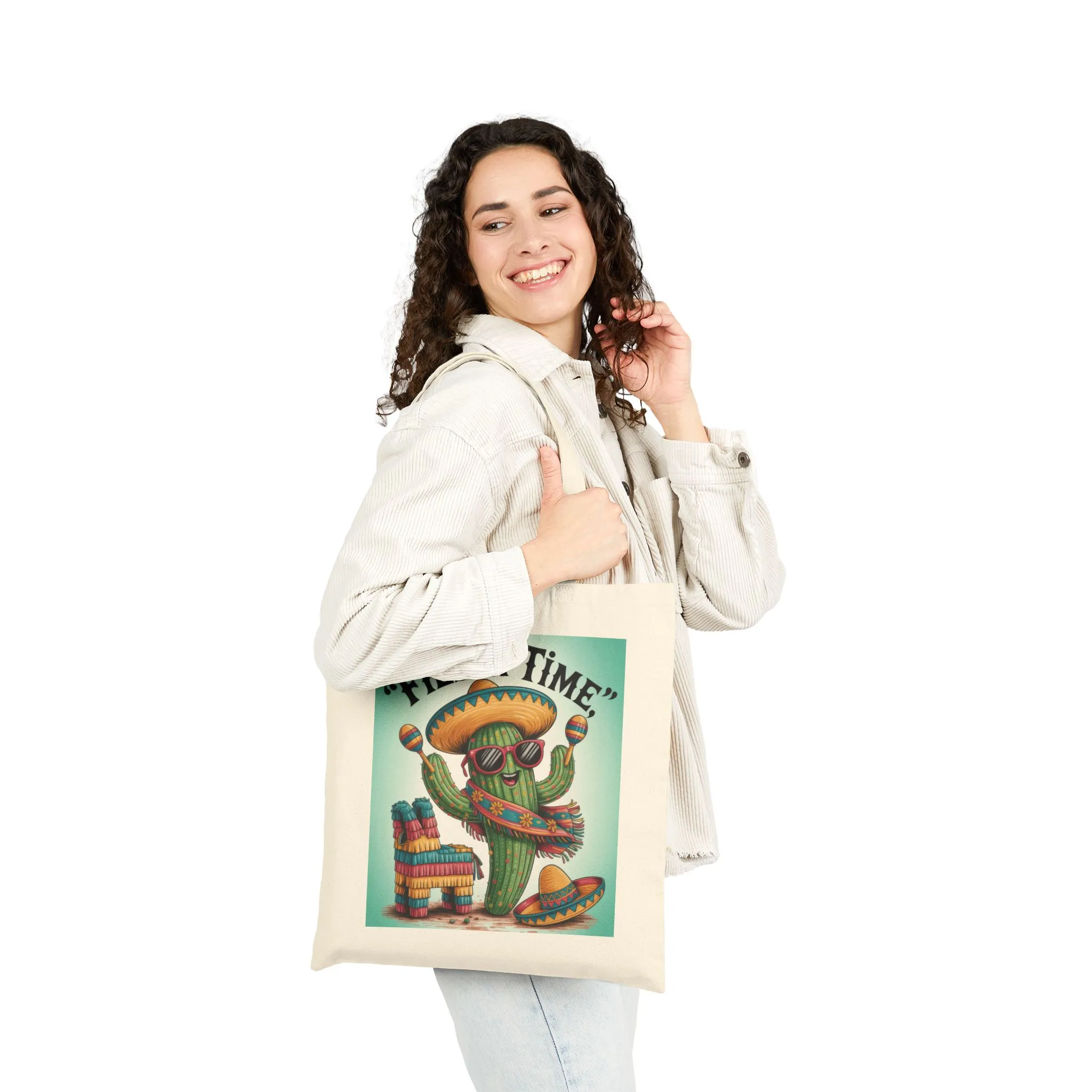 Fiesta Time Cactus Tote Bag, Colorful Funny Sombrero Maracas Piñata Mexican Party Gift Bag, Summer Vibes Canvas Bag - Image 3
