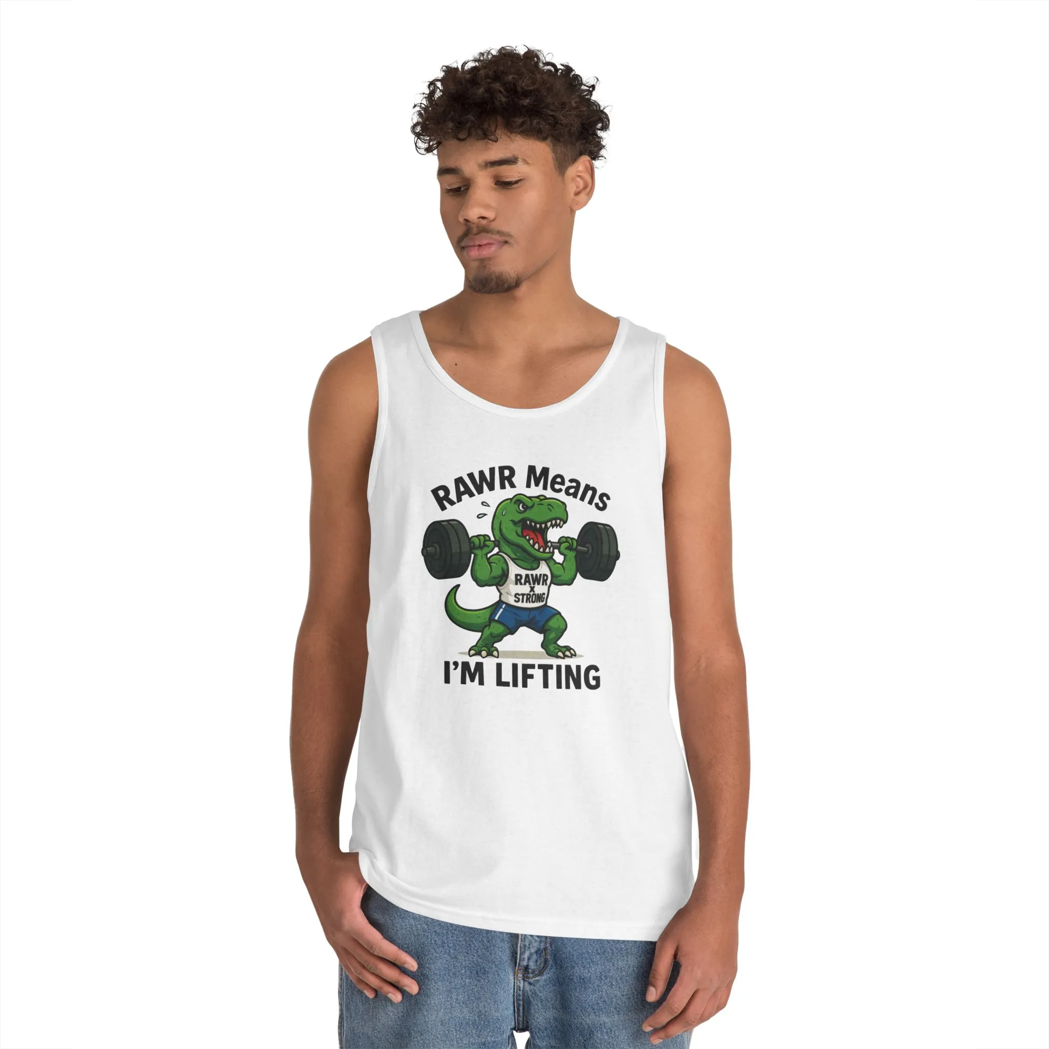 RAWR Gym Tank for Men, Funny Dinosaur Lifting Tee, Workout Dino Fitness Gift, Barbell Humor Tank Top for Men, Motivational Tank, Activewear - Image 3