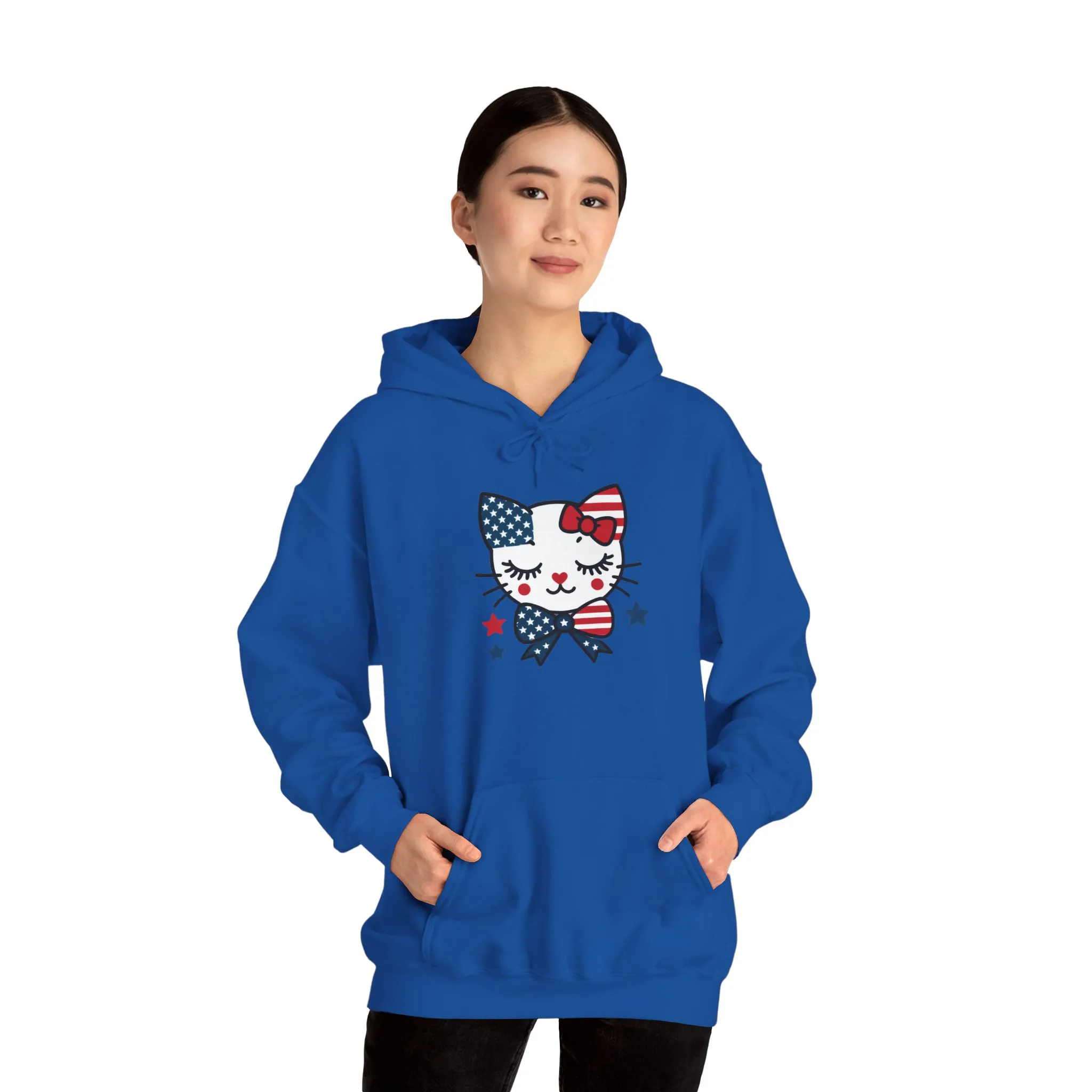 Cute Cat Patriot Womens Hoodie, Womens Heavy Blend Sweatshirt, Gift for Cat Lovers, 4th of July Apparel, Perfect for Independence Day - Image 17