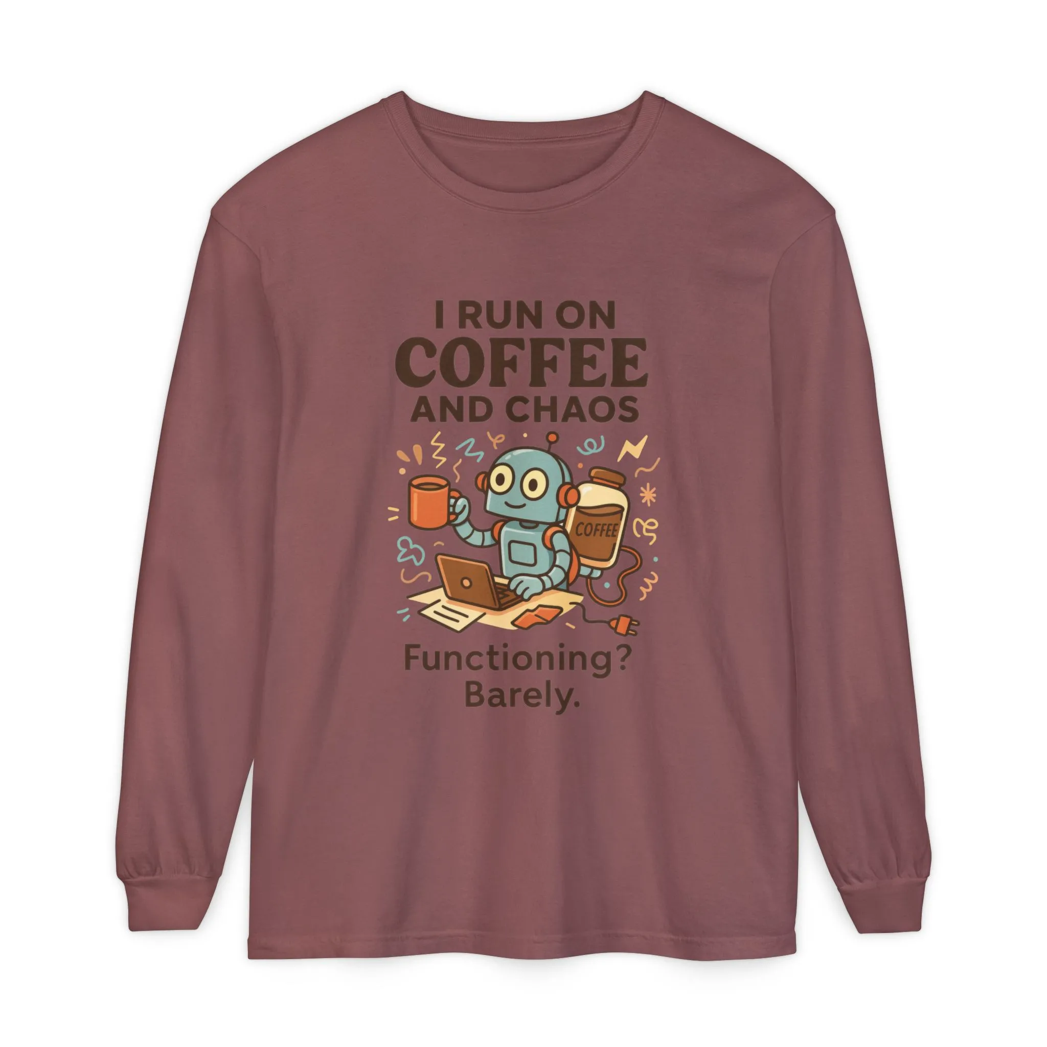 Coffee Chaos Long Sleeve Tee, Funny T-Shirt, Quirky Gift for Coffee Lovers, Unisex Top for Busy Lives, Work from Home Humor Tee - Image 29