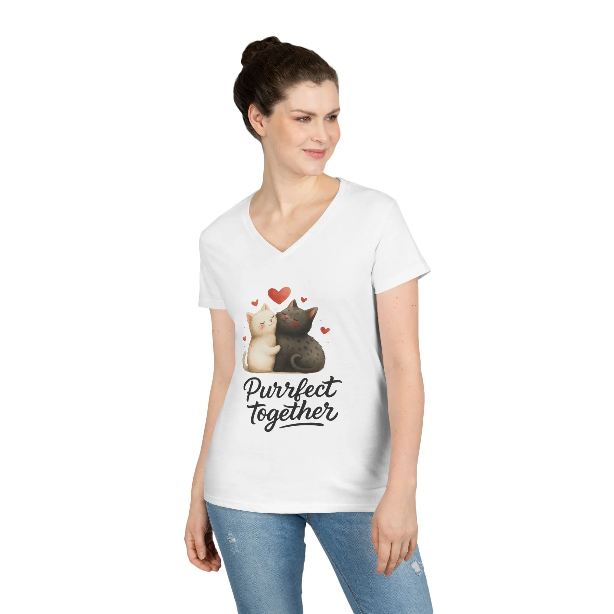 Cute Cat Love V-Neck T-Shirt, Animal Lover Gift, Valentine's Day Shirt, Cat Mom Gift, Cute Graphic Tee