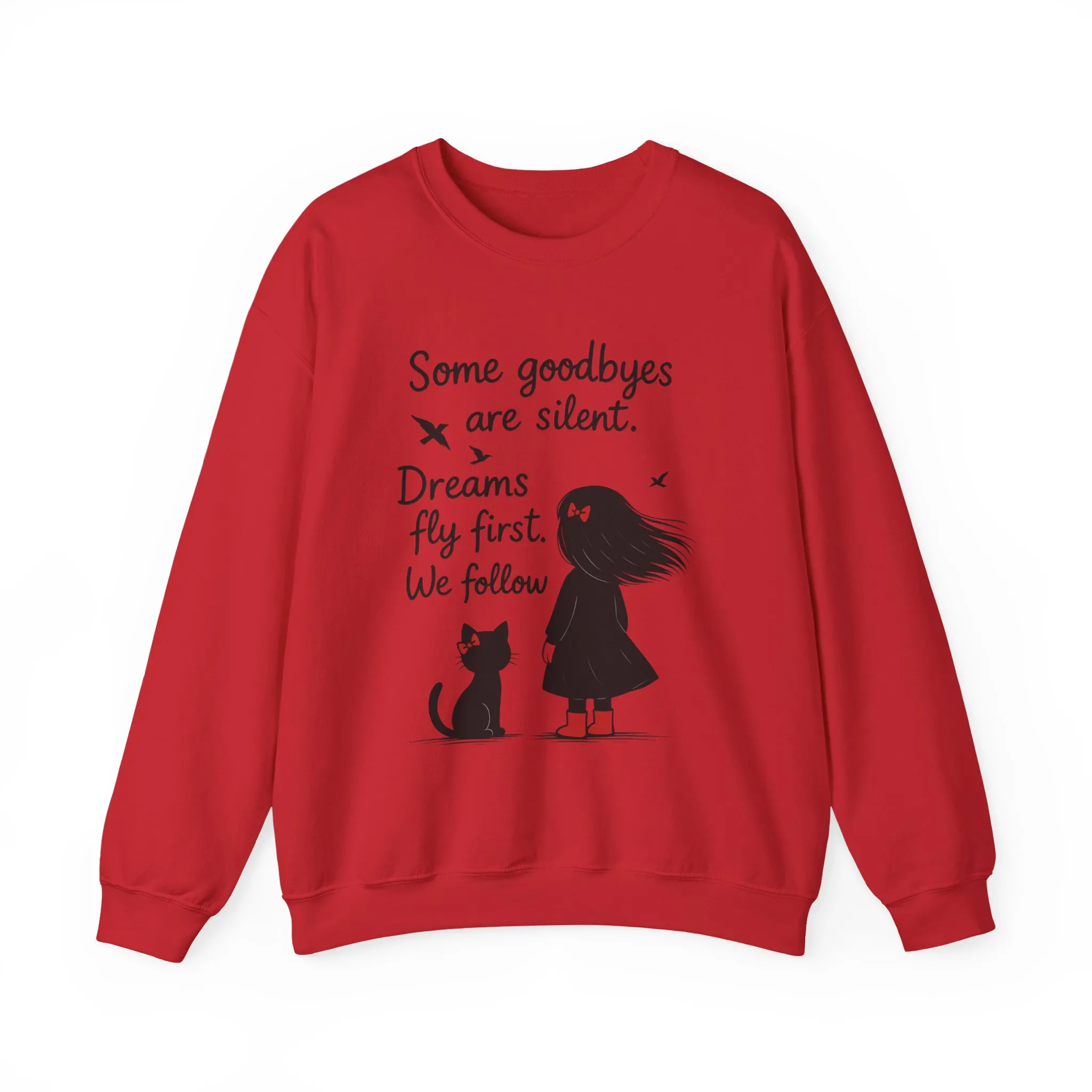 Cozy Farewell Girl & Cat Pullover, Hand Drawn Red Dress Art, Minimalist Womens Crewneck - Image 25