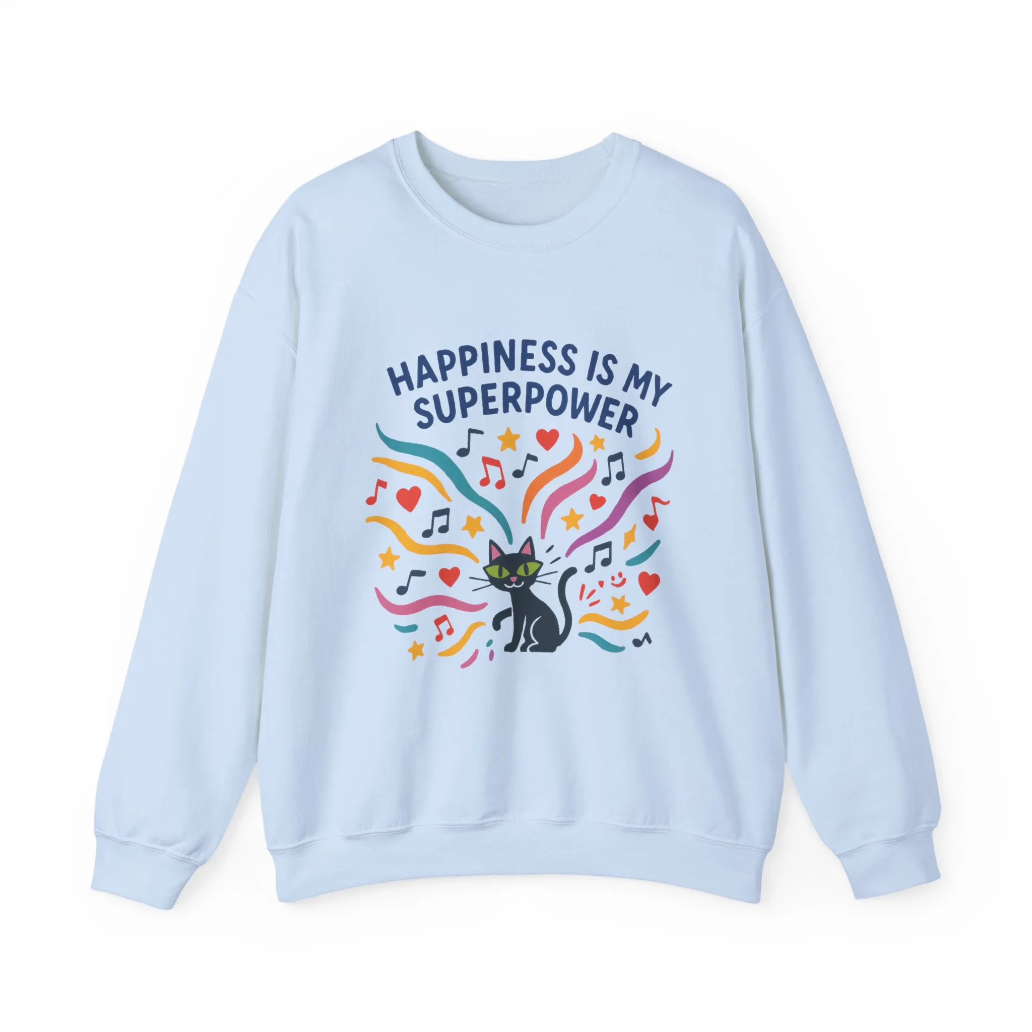 Playful Cat Crewneck Sweatshirt, Happiness is My Superpower, Cozy Sweatshirt, Gift for Cat Lovers, Fun Casual Style, Unique Animal Design - Image 2