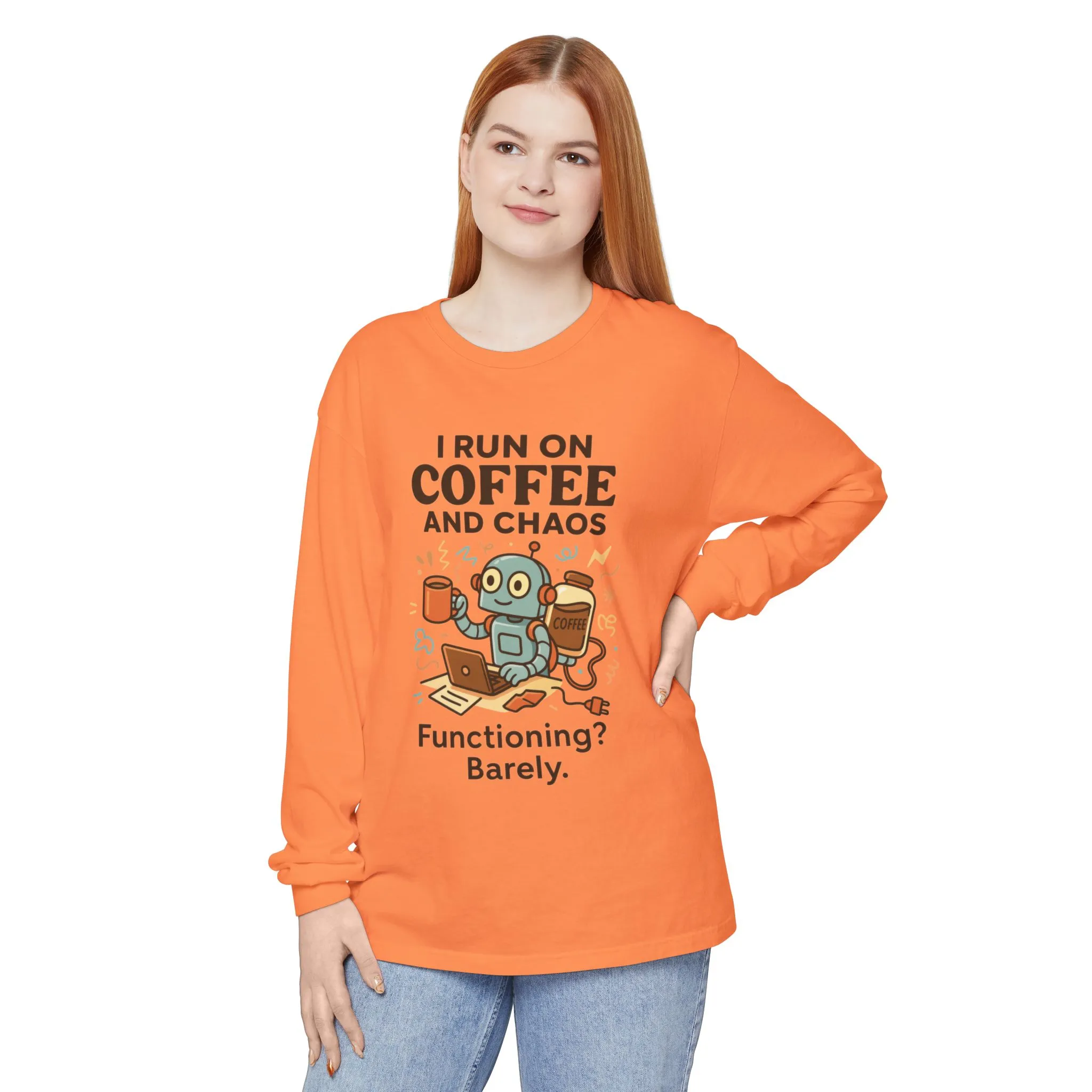 Coffee Chaos Long Sleeve Tee, Funny T-Shirt, Quirky Gift for Coffee Lovers, Unisex Top for Busy Lives, Work from Home Humor Tee - Image 26