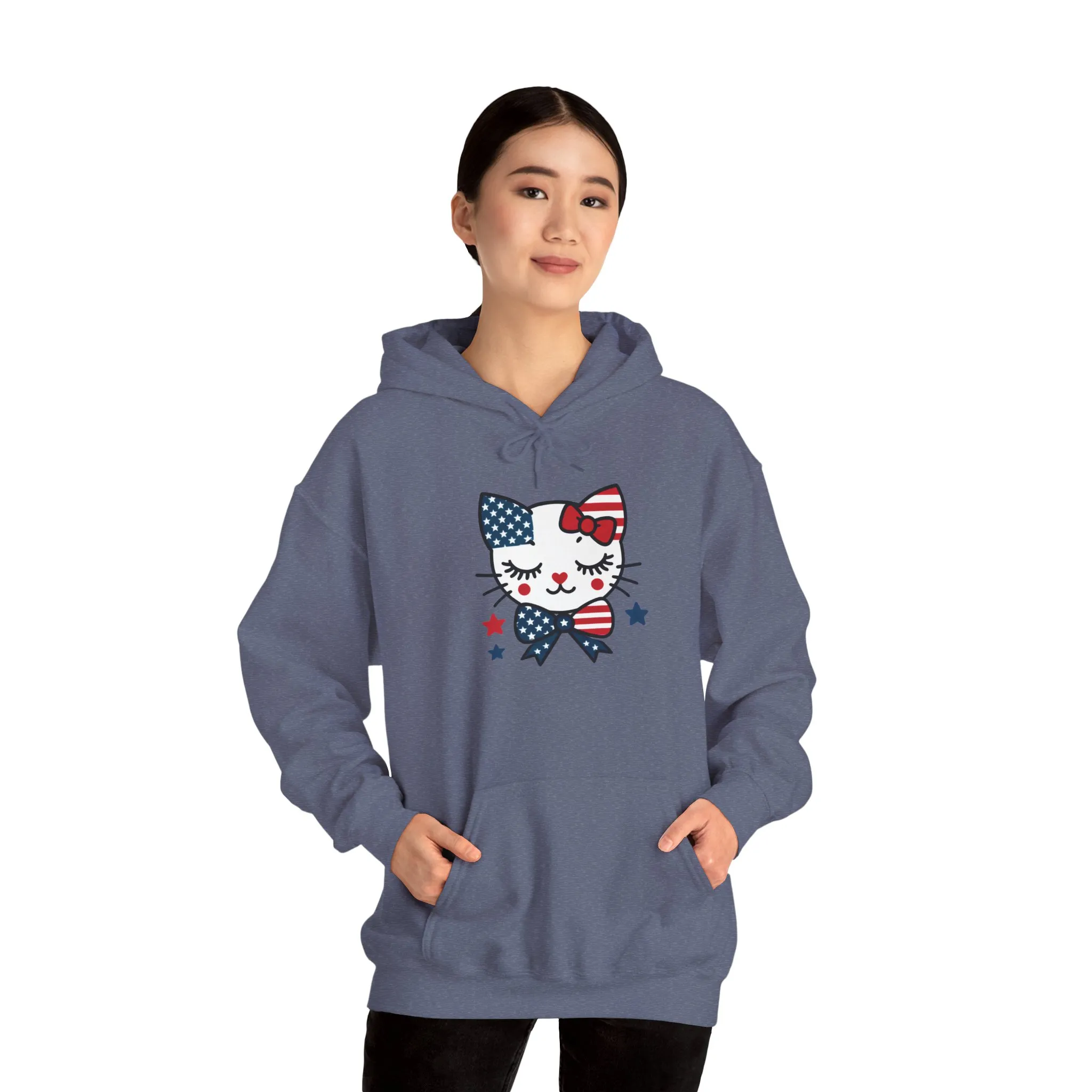 Cute Cat Patriot Womens Hoodie, Womens Heavy Blend Sweatshirt, Gift for Cat Lovers, 4th of July Apparel, Perfect for Independence Day