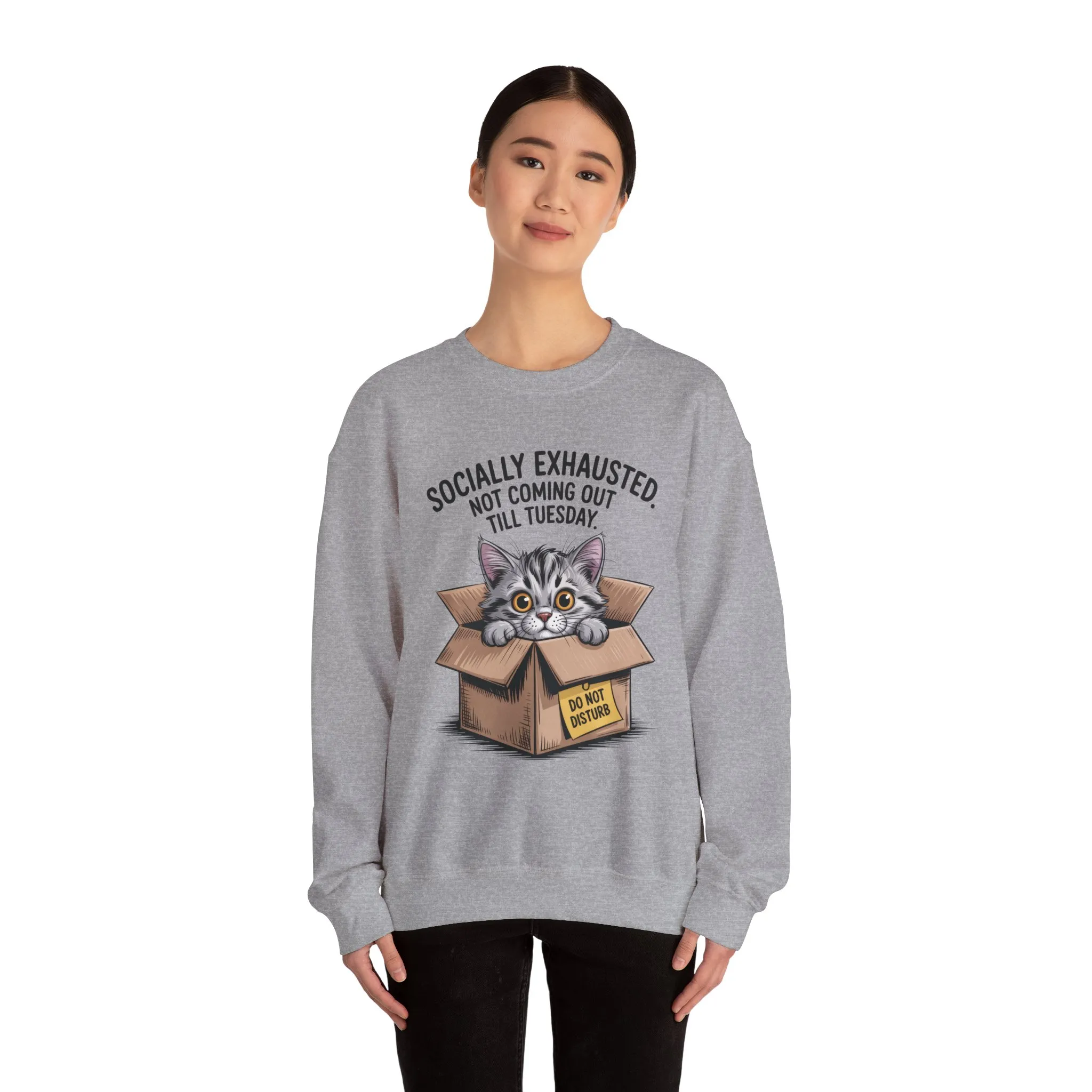 Socially Exhausted Cat Sweatshirt, Funny Cat Crewneck, Gift for Cat Lovers, Cozy Unisex Pullover, Weekend Comfort Apparel - Image 5