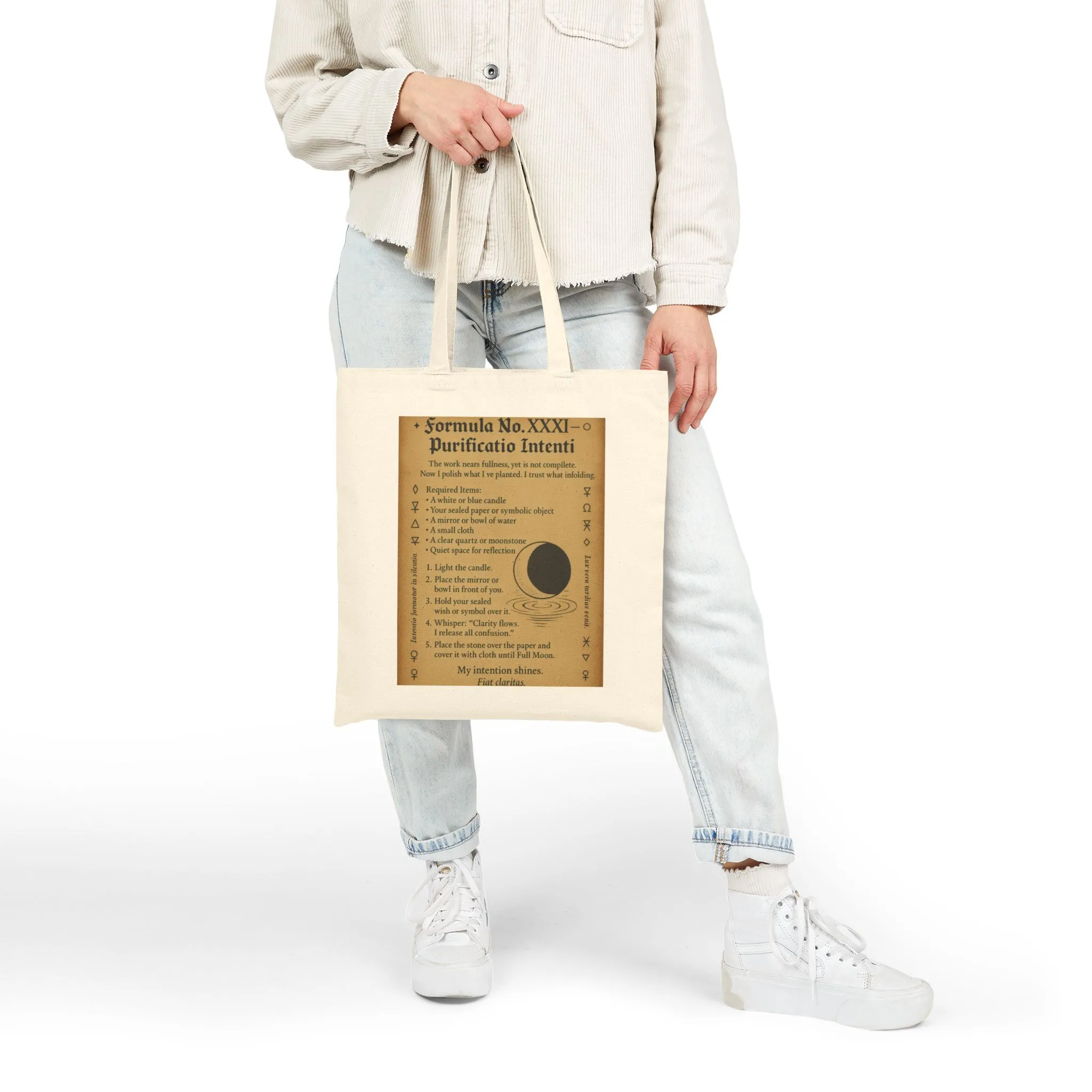 Waxing Gibbous Moon Ritual, Refinement Spell Page Design, Lunar Magic Tote Bag, Spiritual Purity Cotton Canvas Tote Bag - Image 3