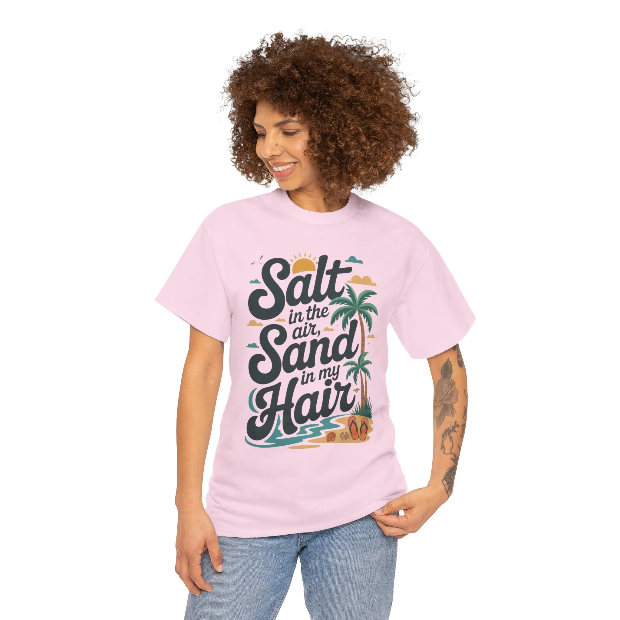 Salt in the Air Sand in My Hair Shirt, Beach Summer Vibes Graphic T-Shirt, Tropical Ocean Palm Design, Ocean-Themed Shirt, Gift Beach Lovers - Image 36