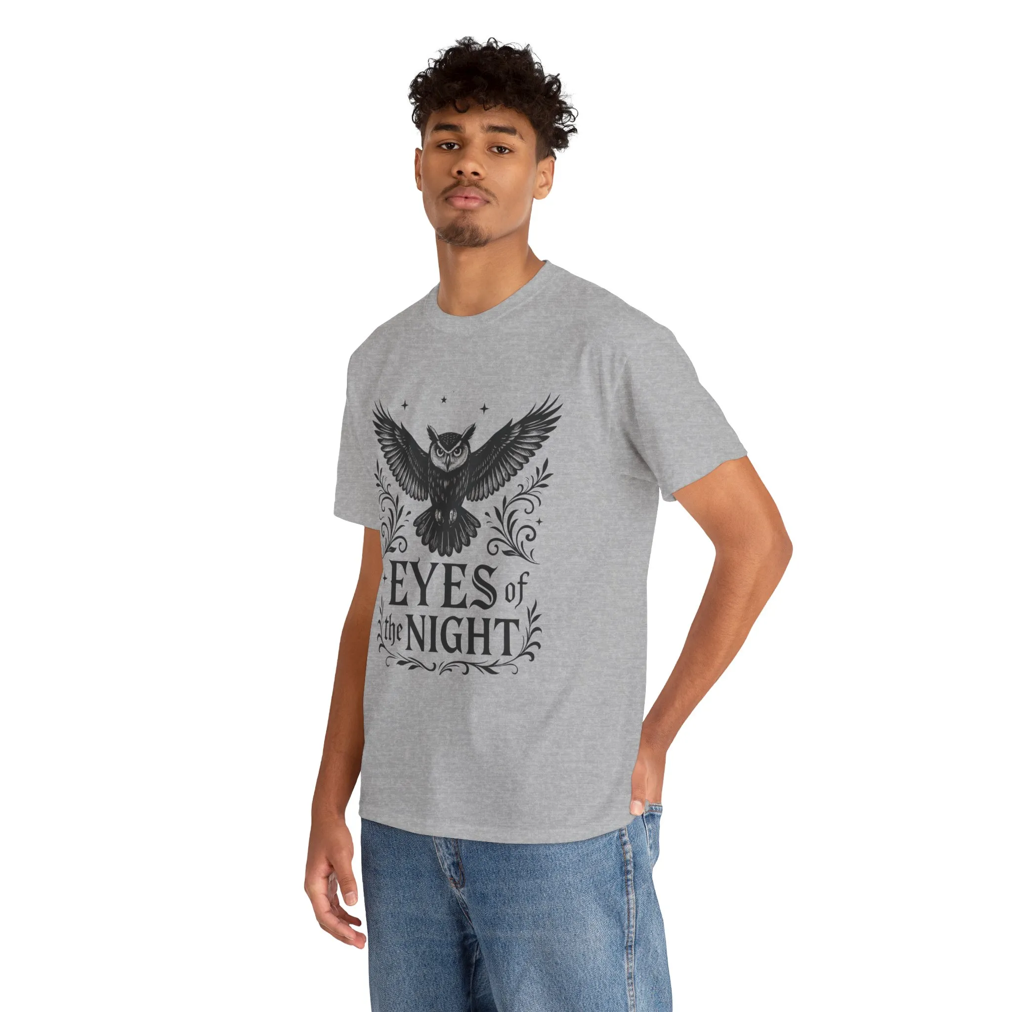 Cool Owl Graphic Unisex Heavy Cotton Tee, Flying Owl Art T-Shirt, Animal Print Tee, Gothic Bird Graphic Tee, Mens Gothic Style Shirt - Image 9