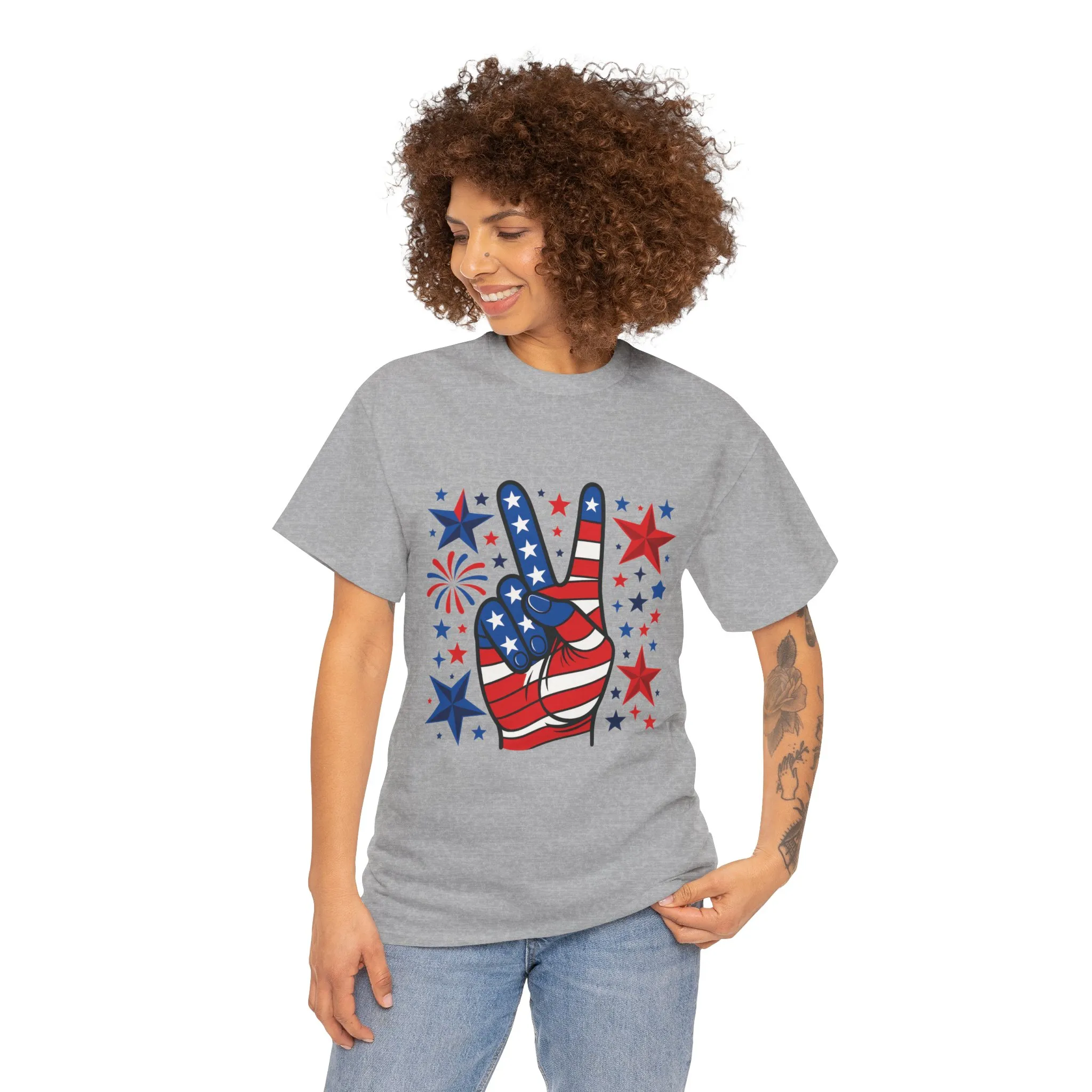 Patriotic Peace Hand Unisex Heavy Cotton Tee - Ideal for July 4th, Independence Day, Celebrations, Casual Wear, Everyday Style - Image 10