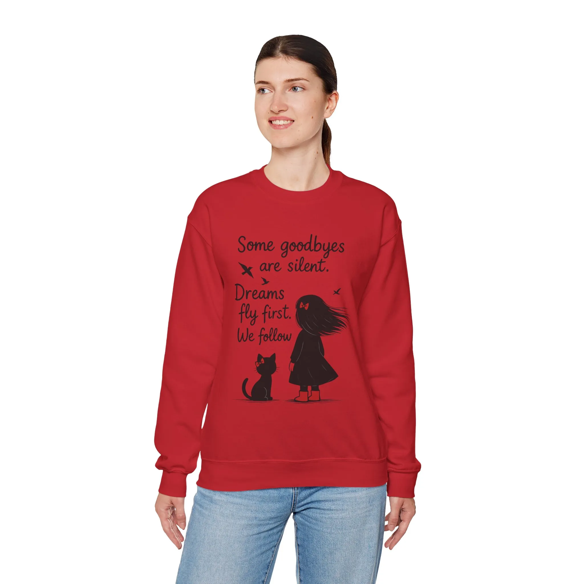 Cozy Farewell Girl & Cat Pullover, Hand Drawn Red Dress Art, Minimalist Womens Crewneck - Image 27