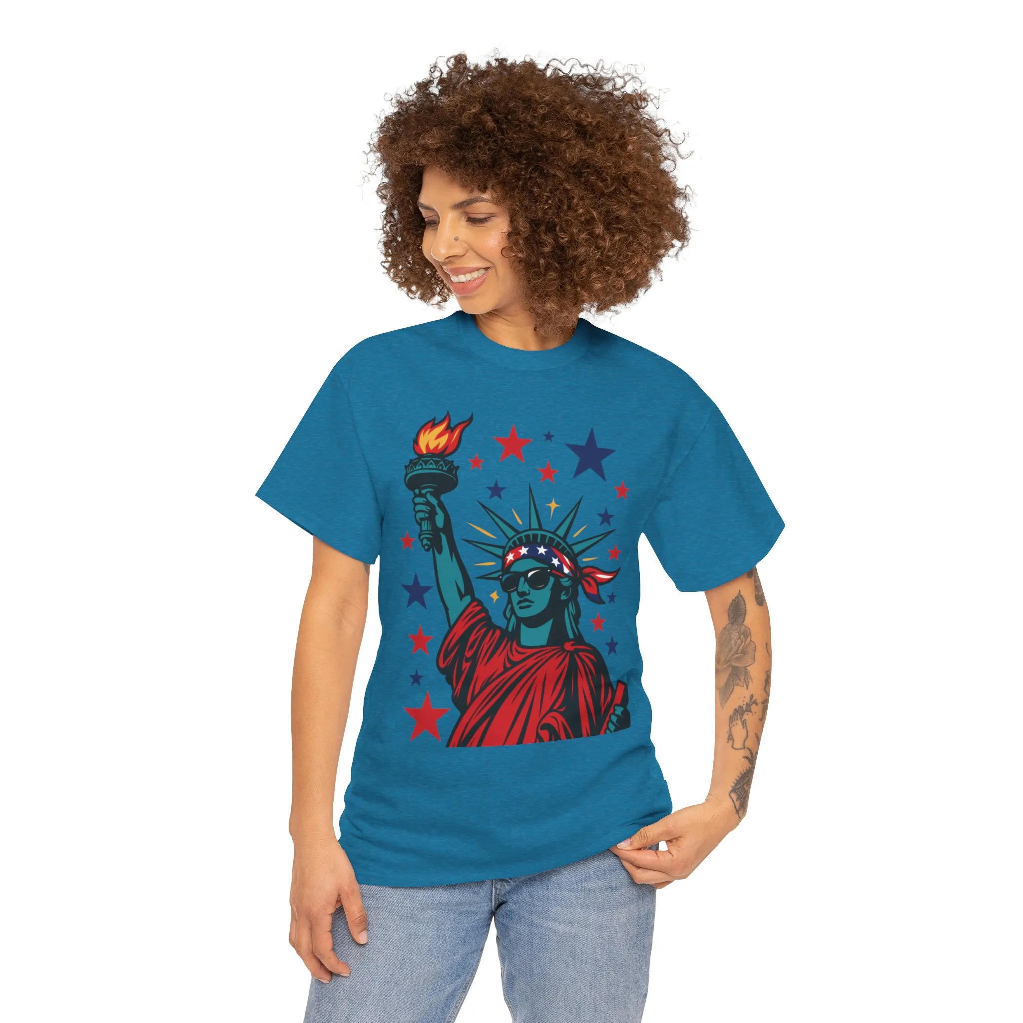 Lady Liberty Pop Art T-Shirt, Patriotic 4th of July Womens Tee, Retro USA Bandana Statue Shirt - Image 35